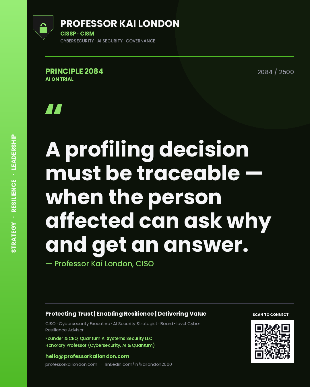 Quote card by Professor Kai London reading 'A profiling decision must be traceable — when the person affected can ask why and get an answer.'. From the book AI on Trial.