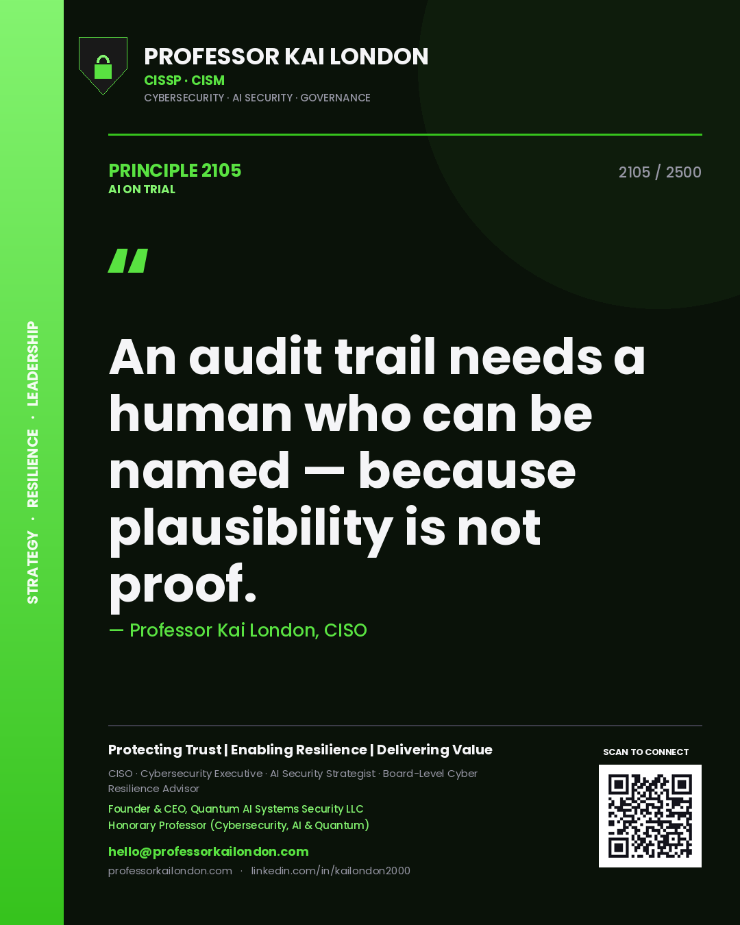 Professor Kai London principle 2105: An audit trail needs a human who can be named — because plausibility is not proof.