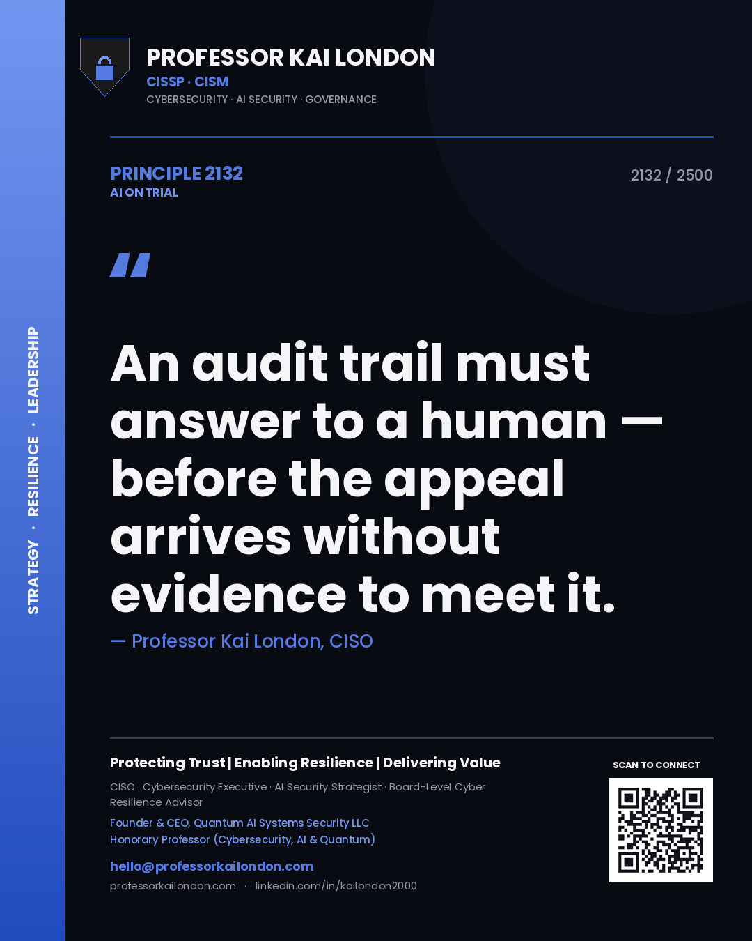 Professor Kai London principle 2132: An audit trail must answer to a human — before the appeal arrives without evidence to meet it.