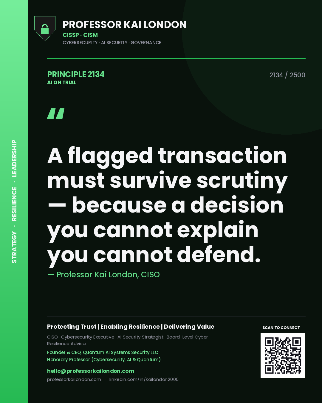Professor Kai London principle 2134: A flagged transaction must survive scrutiny — because a decision you cannot explain you cannot defend.