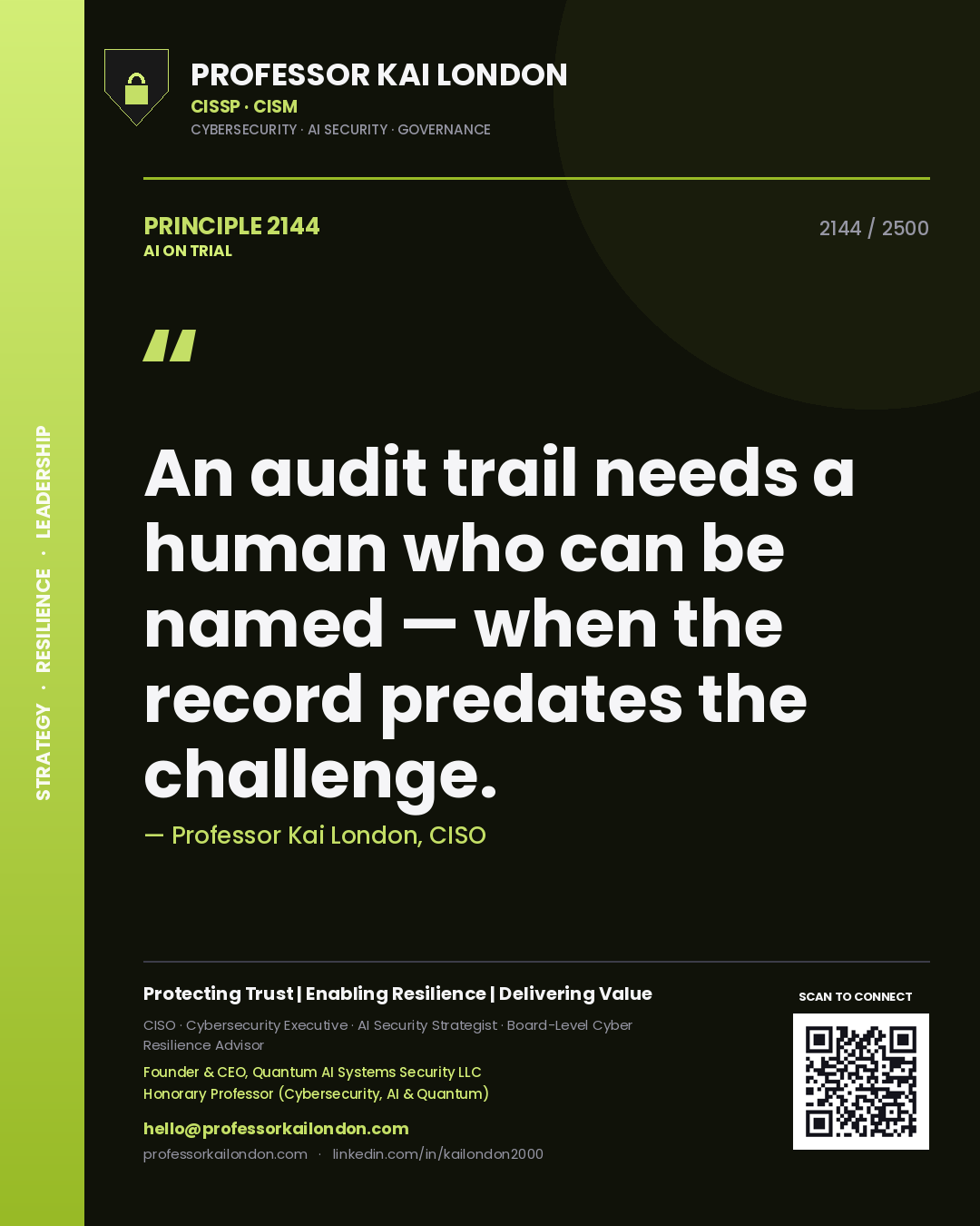 Professor Kai London principle 2144: An audit trail needs a human who can be named — when the record predates the challenge.