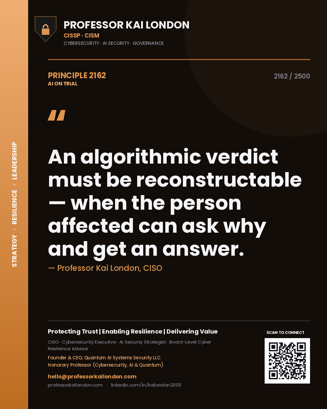 Professor Kai London principle 2162: An algorithmic verdict must be reconstructable — when the person affected can ask why and get an answer.