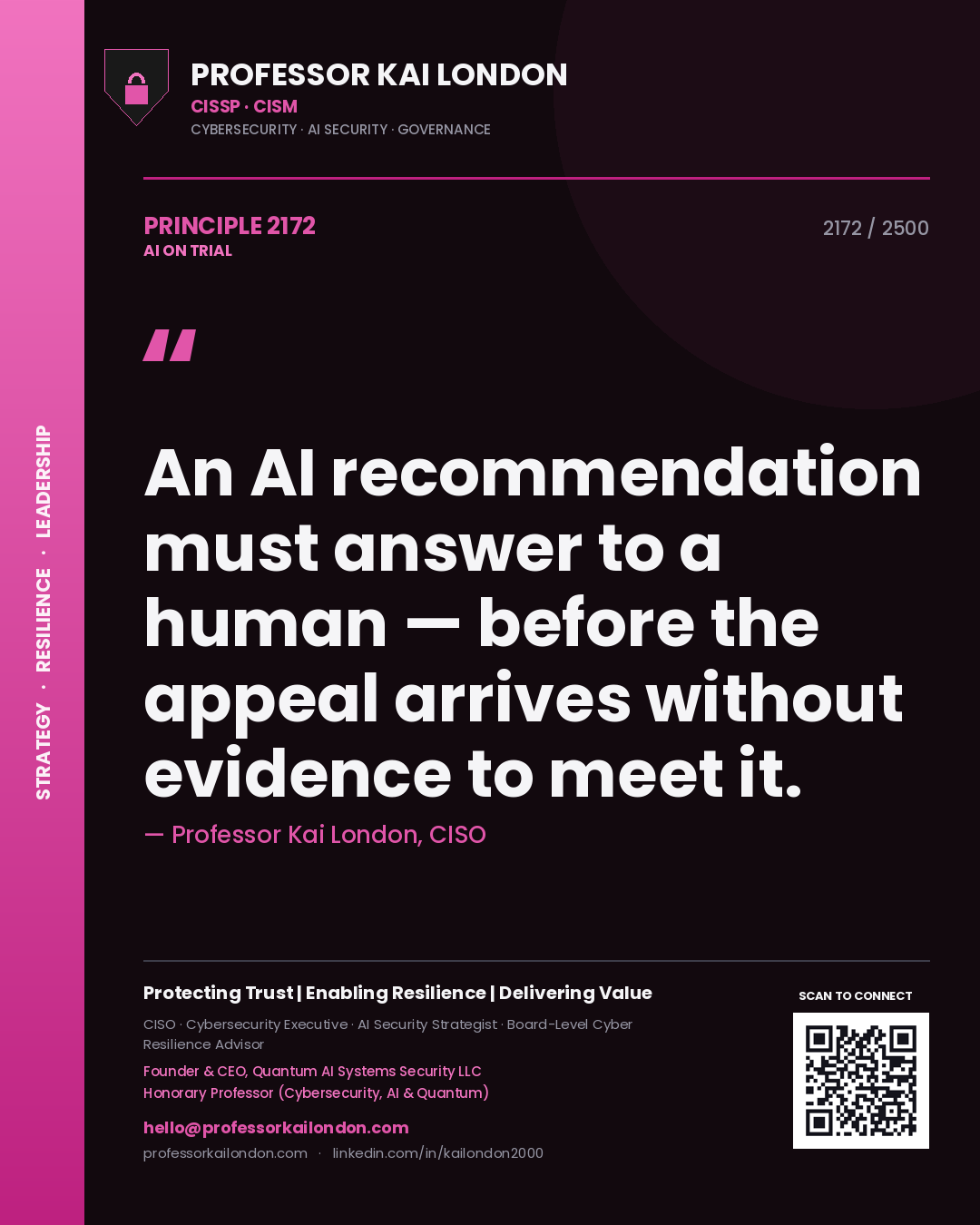 Quote card by Professor Kai London reading 'An AI recommendation must answer to a human — before the appeal arrives without evidence to meet it.'. From the book AI on Trial.