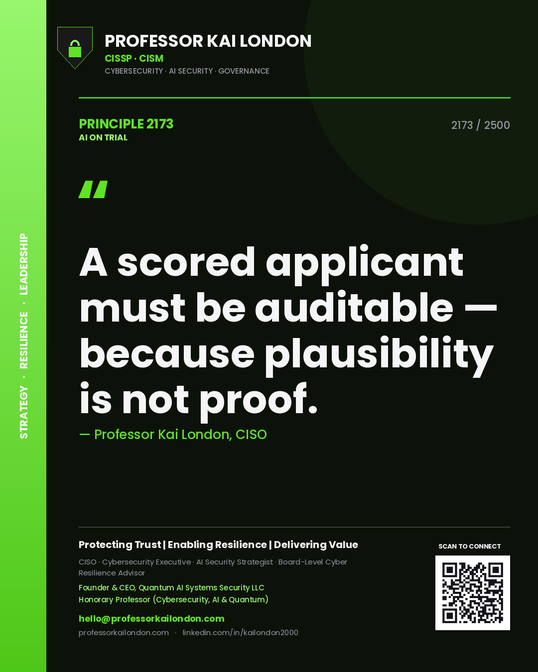 Professor Kai London principle 2173: A scored applicant must be auditable — because plausibility is not proof.