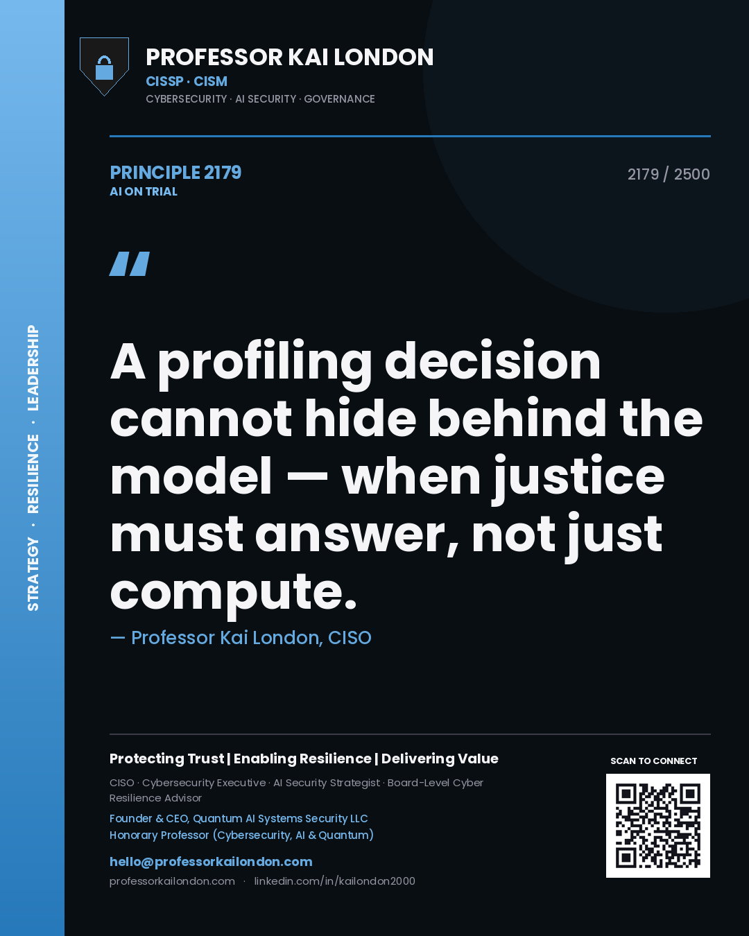 Professor Kai London principle 2179: A profiling decision cannot hide behind the model — when justice must answer, not just compute.