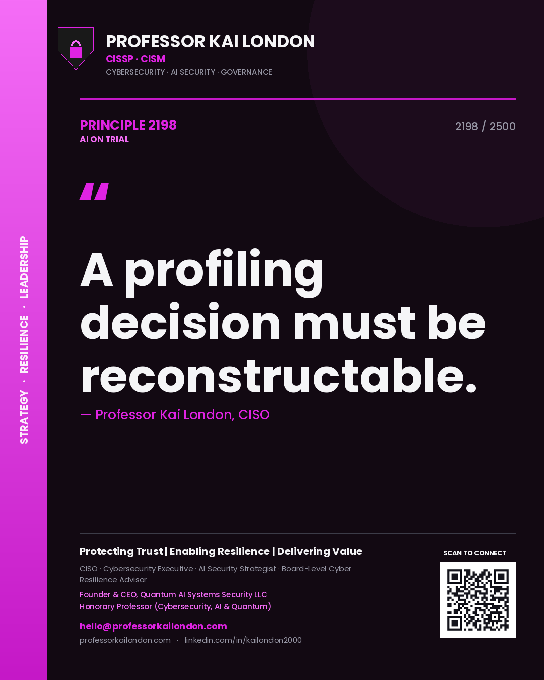 Quote card by Professor Kai London reading 'A profiling decision must be reconstructable.'. From the book AI on Trial.