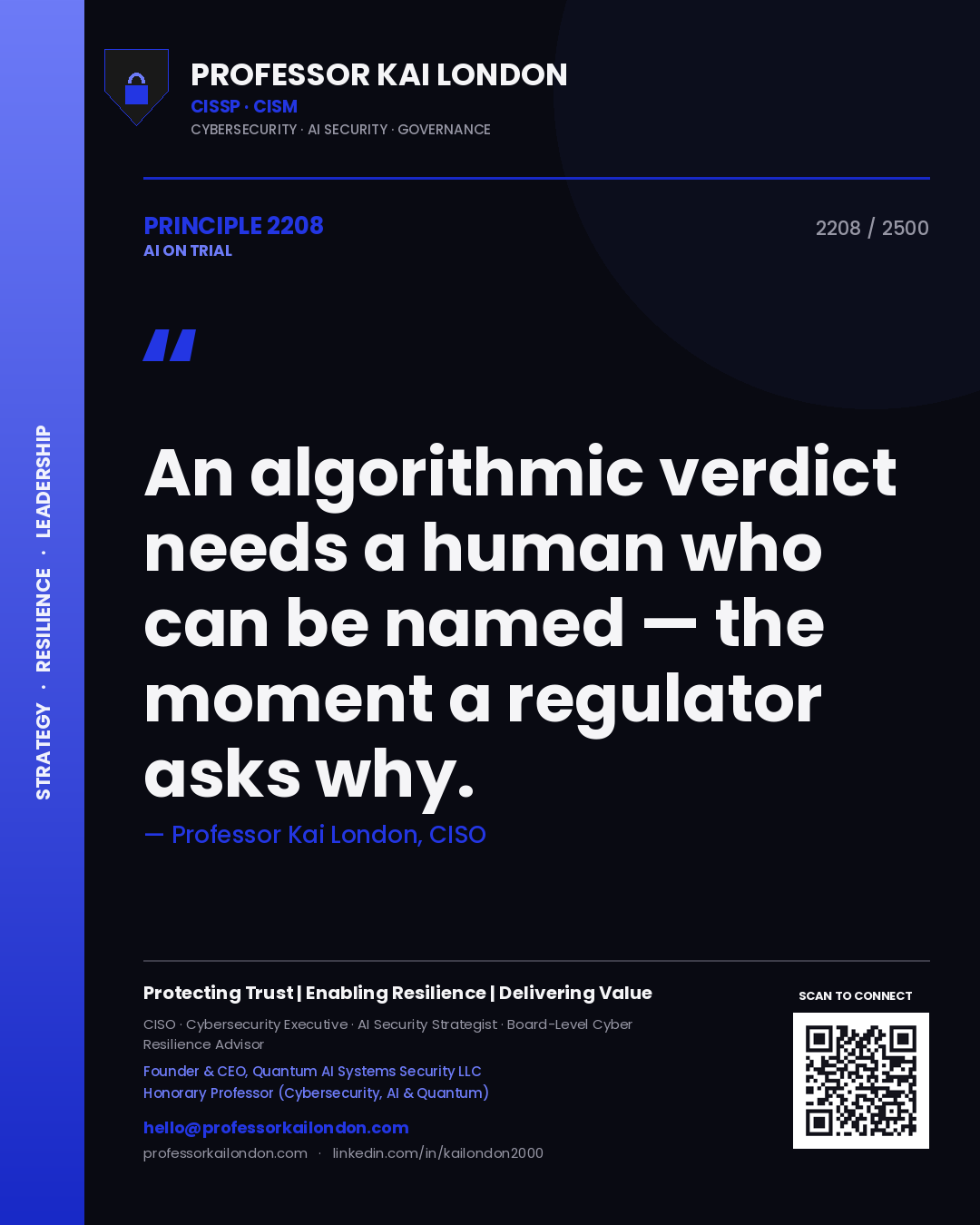 Professor Kai London principle 2208: An algorithmic verdict needs a human who can be named — the moment a regulator asks why.