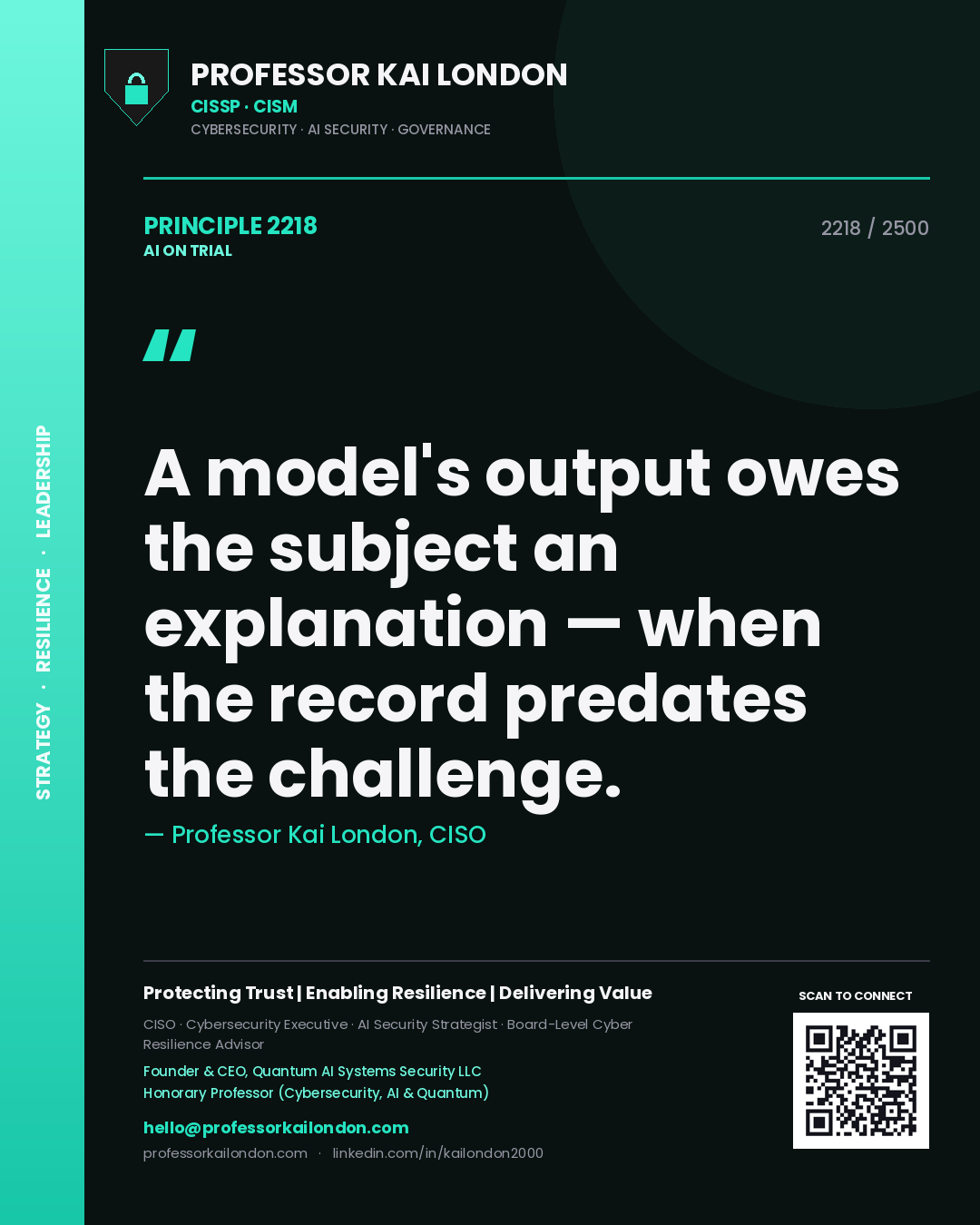 Professor Kai London principle 2218: A model's output owes the subject an explanation — when the record predates the challenge.