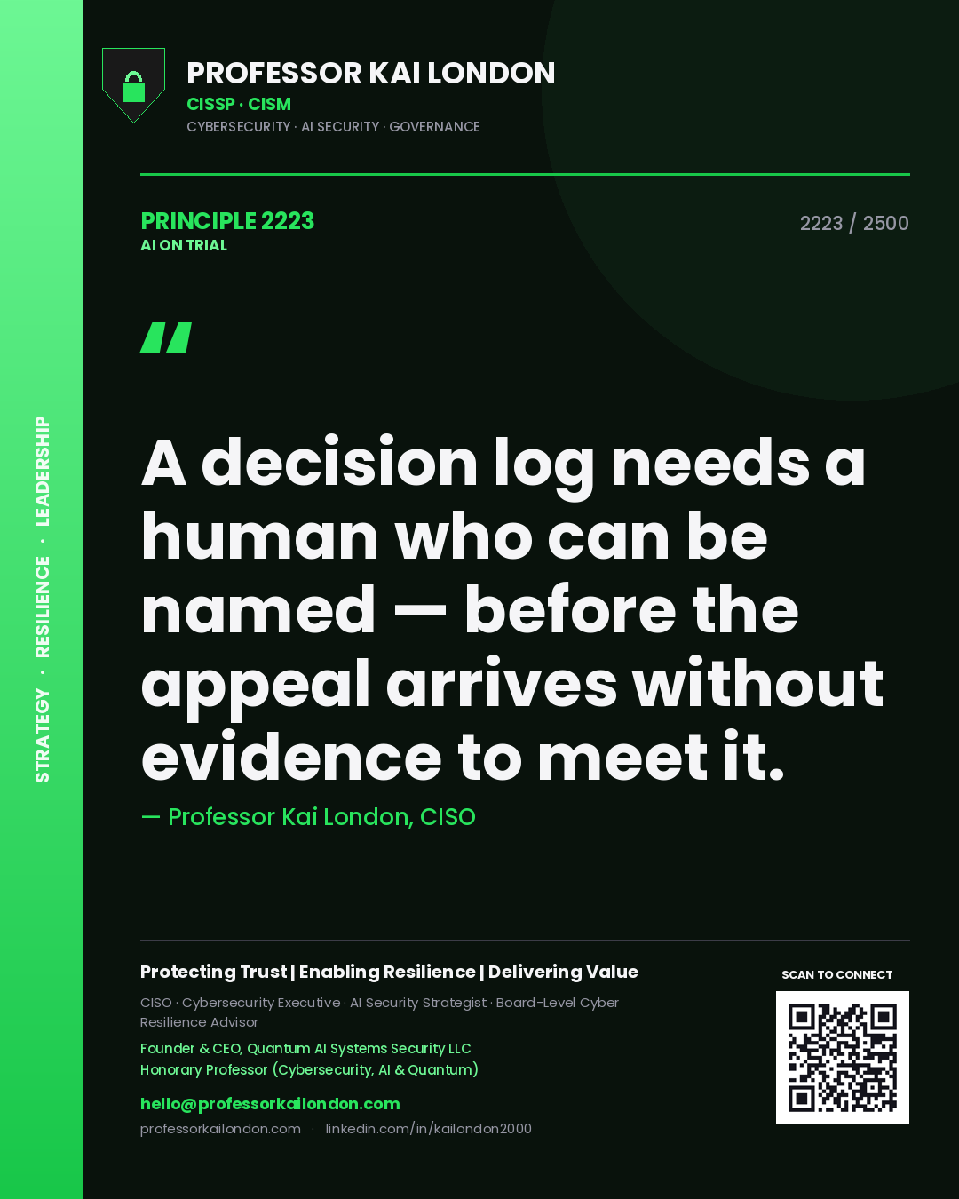 Professor Kai London principle 2223: A decision log needs a human who can be named — before the appeal arrives without evidence to meet it.