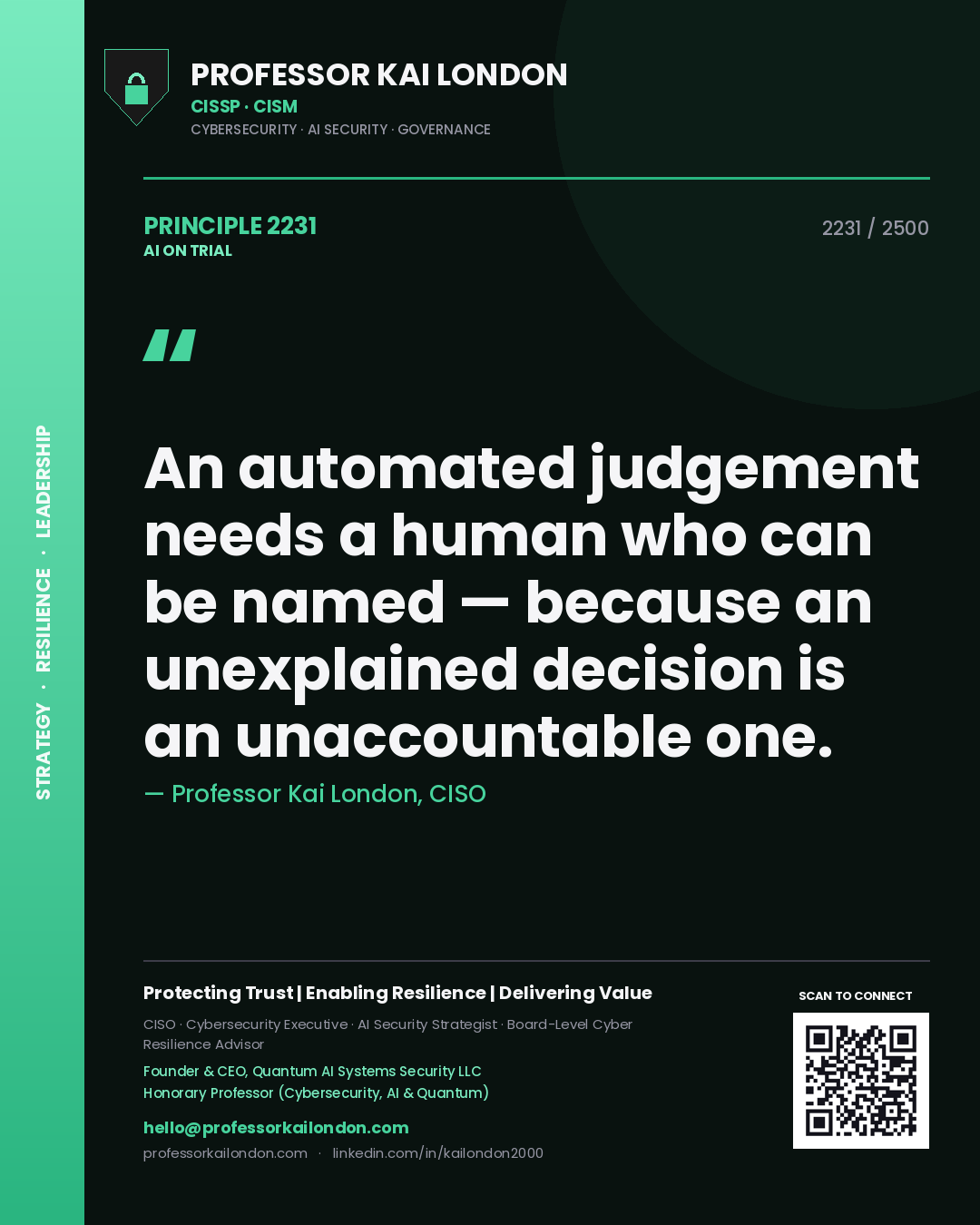 Professor Kai London principle 2231: An automated judgement needs a human who can be named — because an unexplained decision is an unaccountable one.