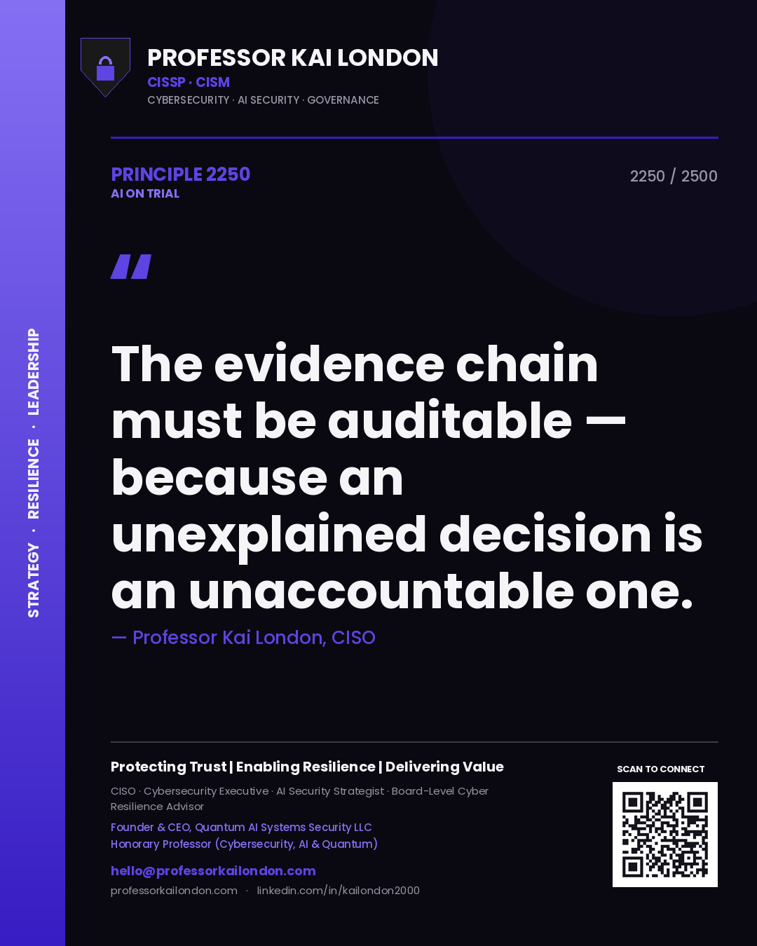 Professor Kai London principle 2250: The evidence chain must be auditable — because an unexplained decision is an unaccountable one.