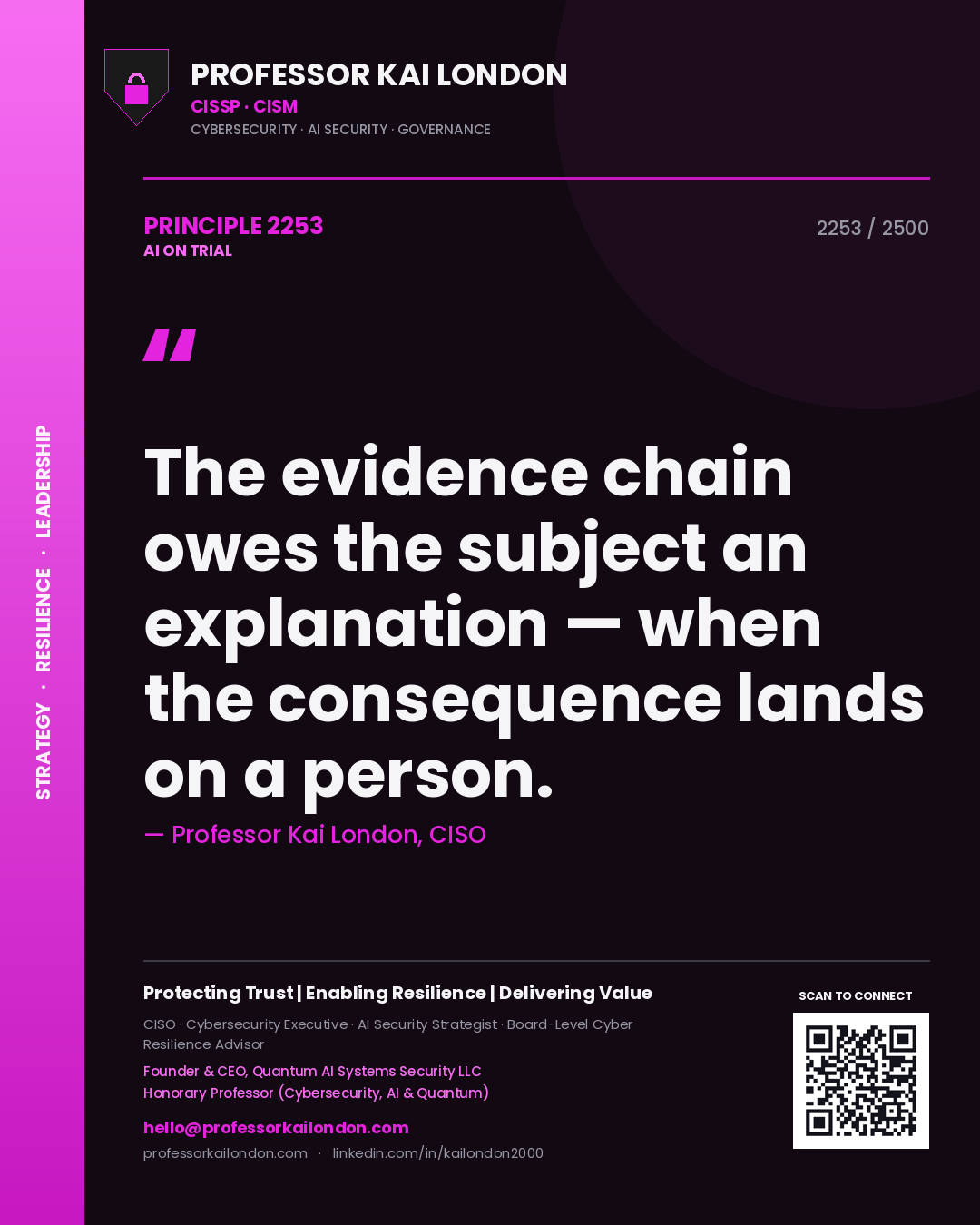 Quote card by Professor Kai London reading 'The evidence chain owes the subject an explanation — when the consequence lands on a person.'. From the book AI on Trial.