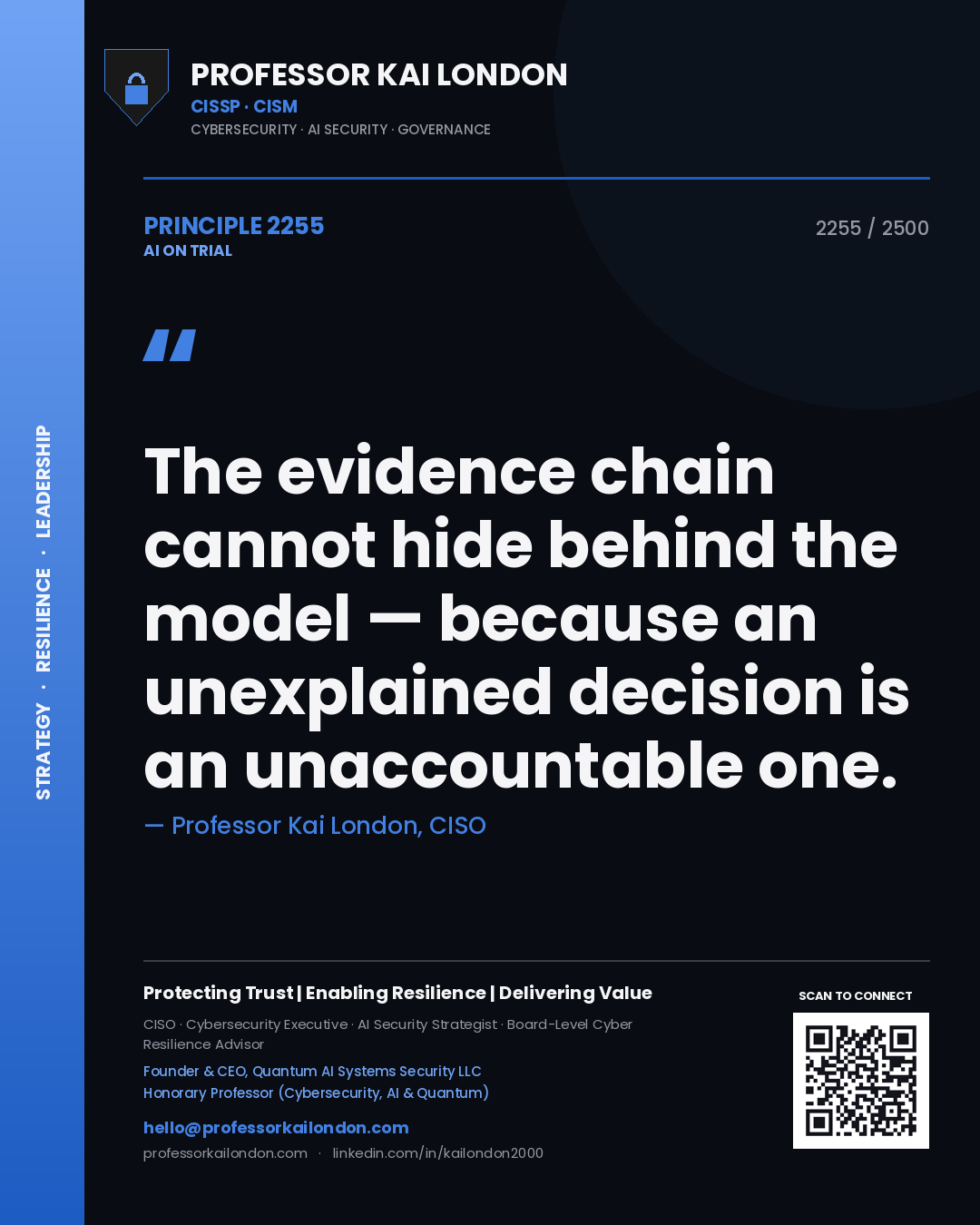 Professor Kai London principle 2255: The evidence chain cannot hide behind the model — because an unexplained decision is an unaccountable one.