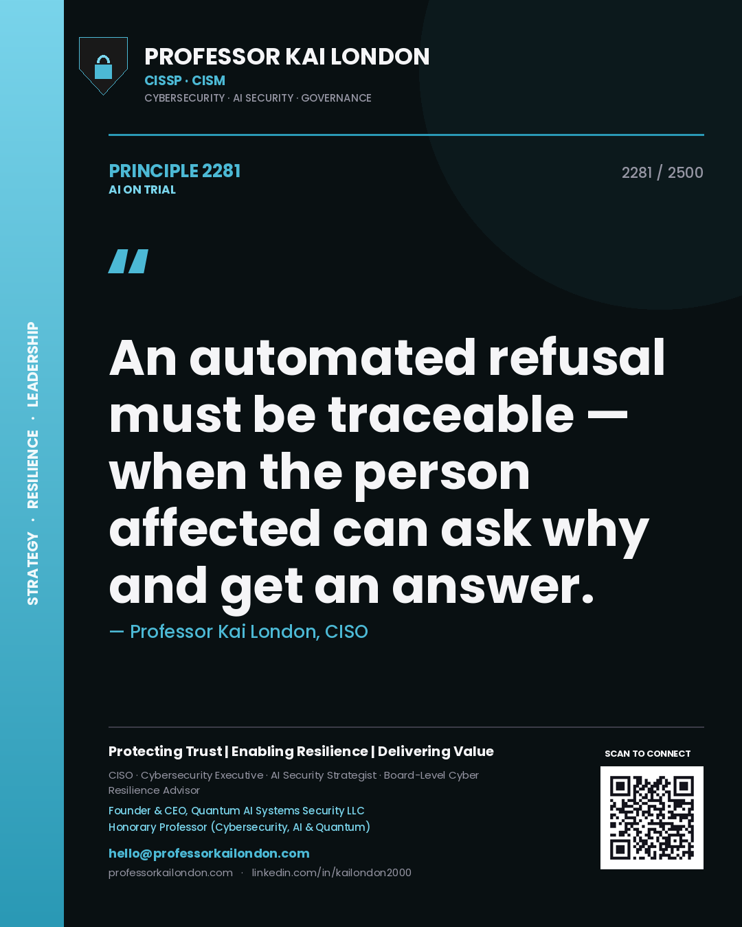 Quote card by Professor Kai London reading 'An automated refusal must be traceable — when the person affected can ask why and get an answer.'. From the book AI on Trial.