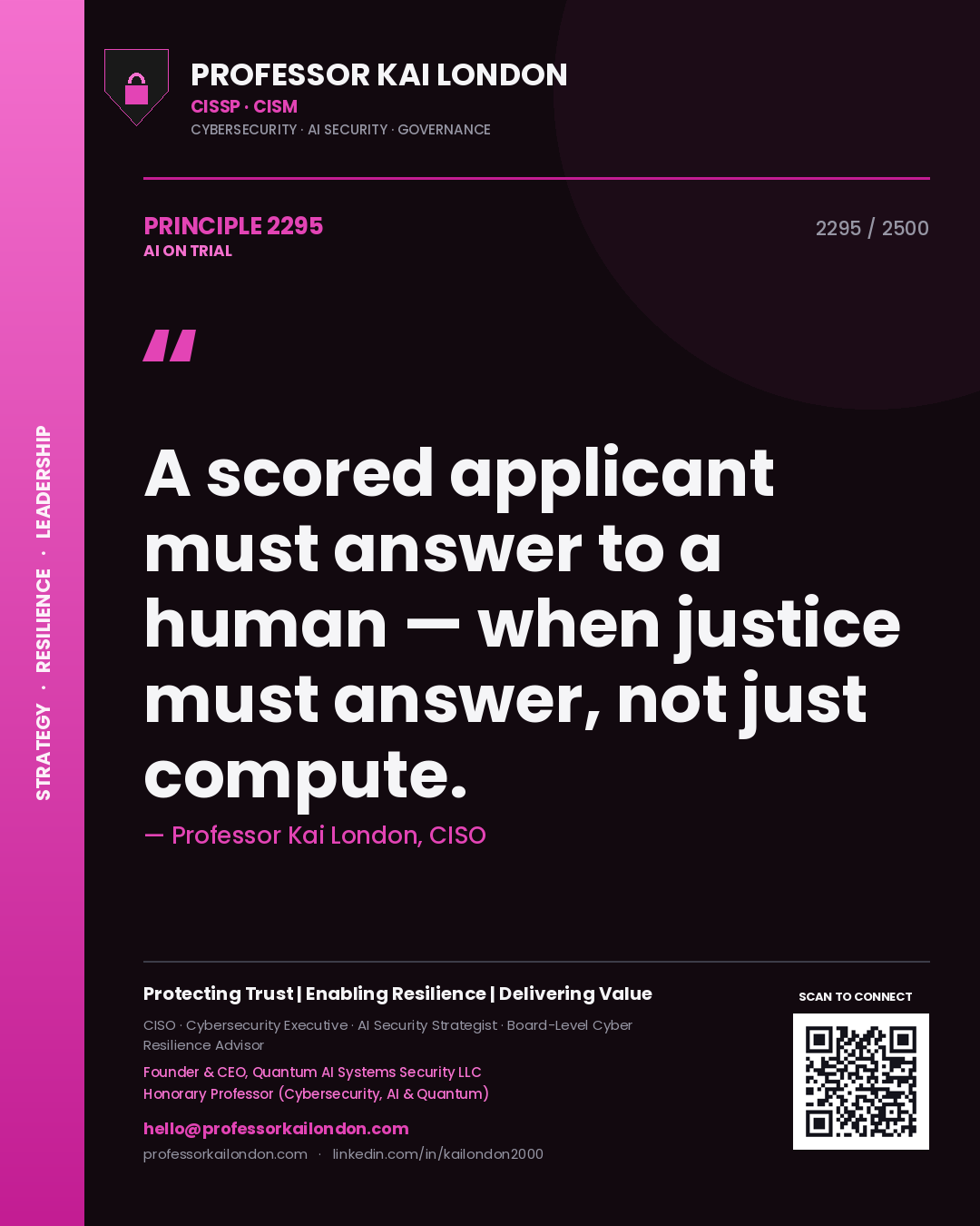 Professor Kai London principle 2295: A scored applicant must answer to a human — when justice must answer, not just compute.