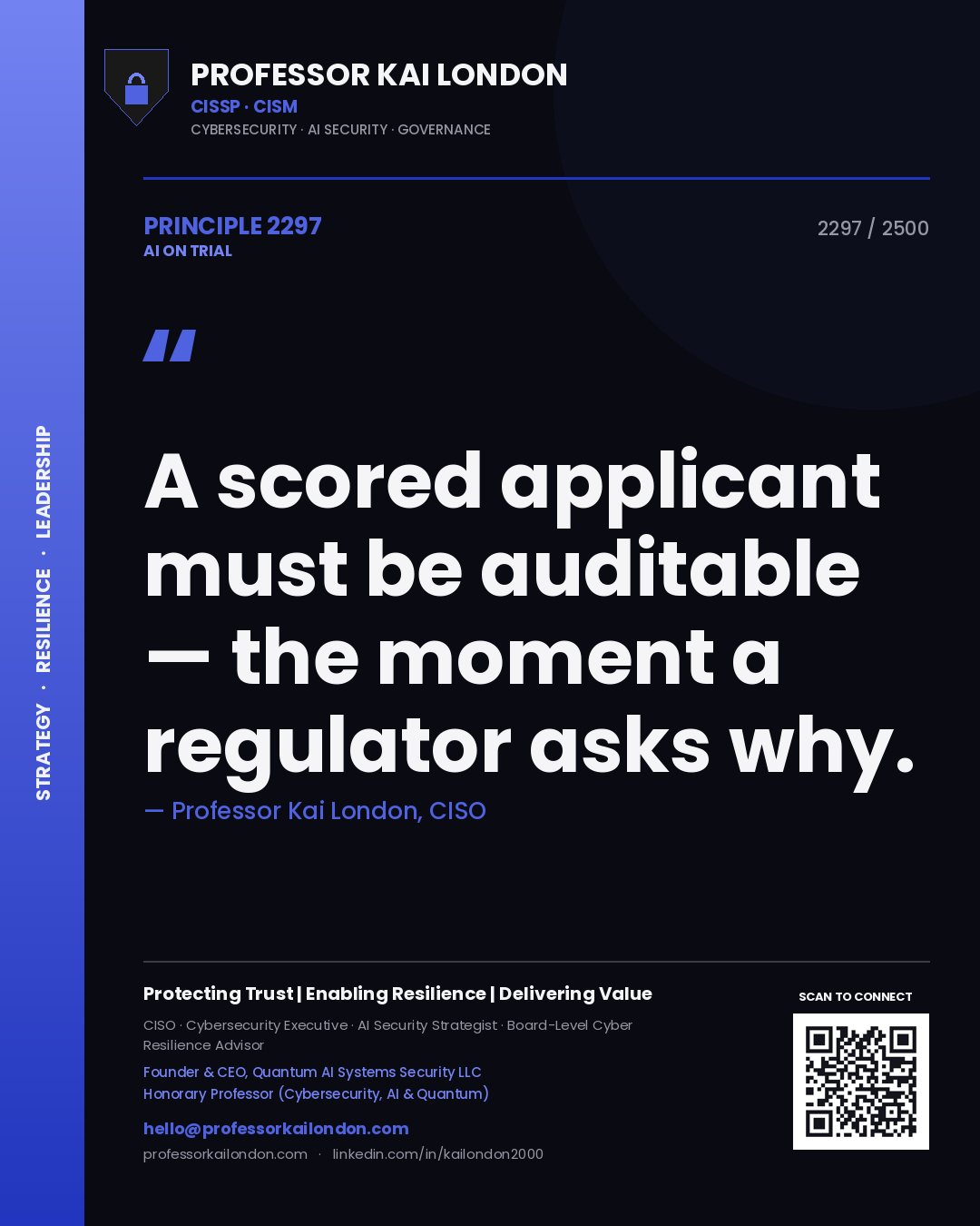 Professor Kai London principle 2297: A scored applicant must be auditable — the moment a regulator asks why.