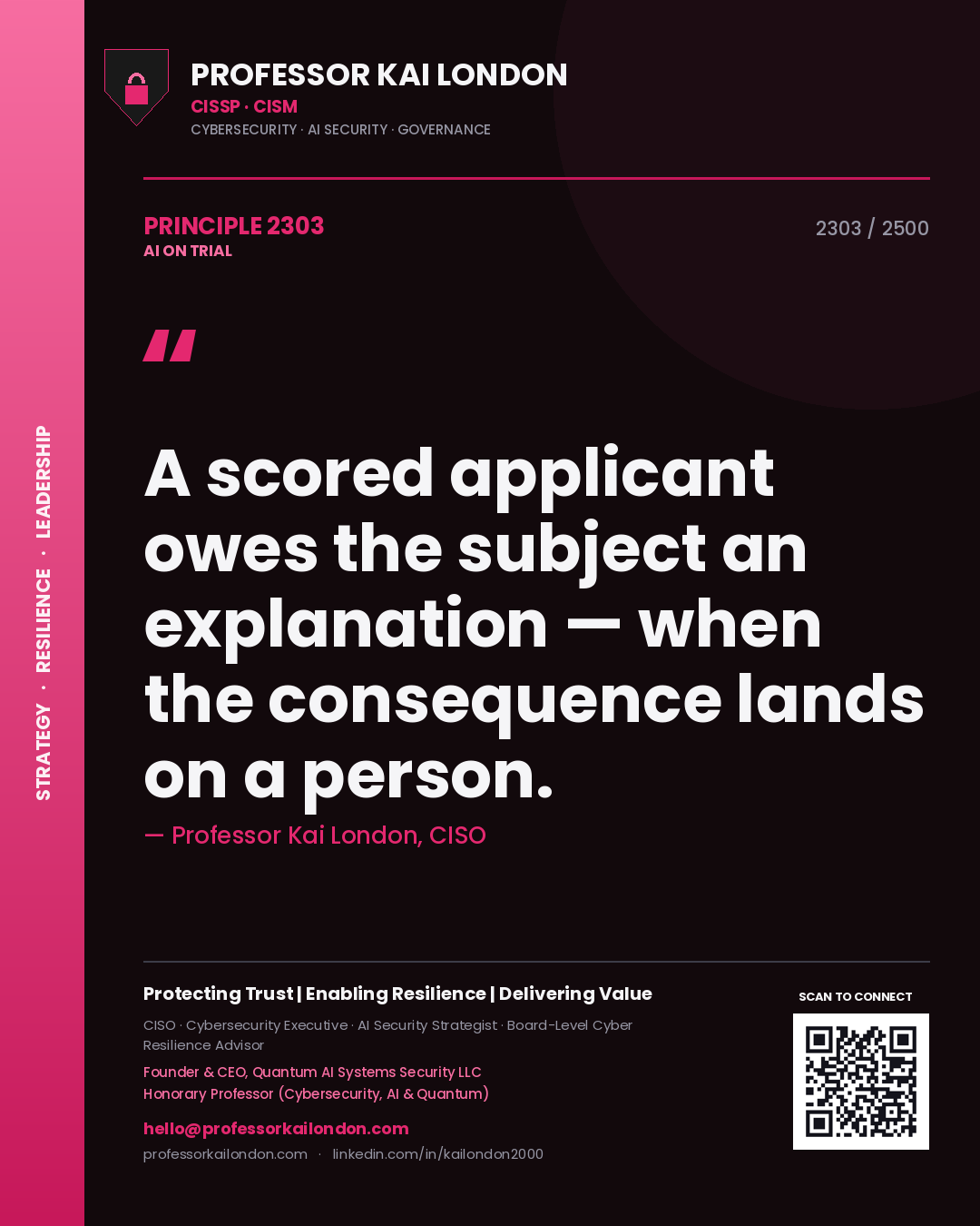 Professor Kai London principle 2303: A scored applicant owes the subject an explanation — when the consequence lands on a person.