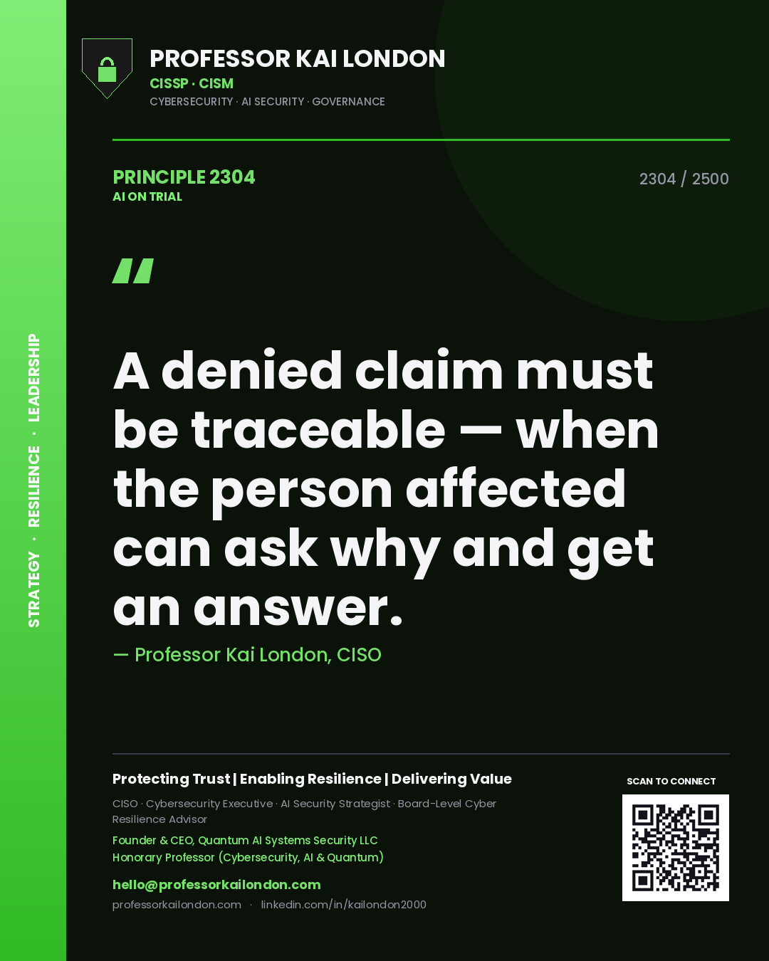 Quote card by Professor Kai London reading 'A denied claim must be traceable — when the person affected can ask why and get an answer.'. From the book AI on Trial.