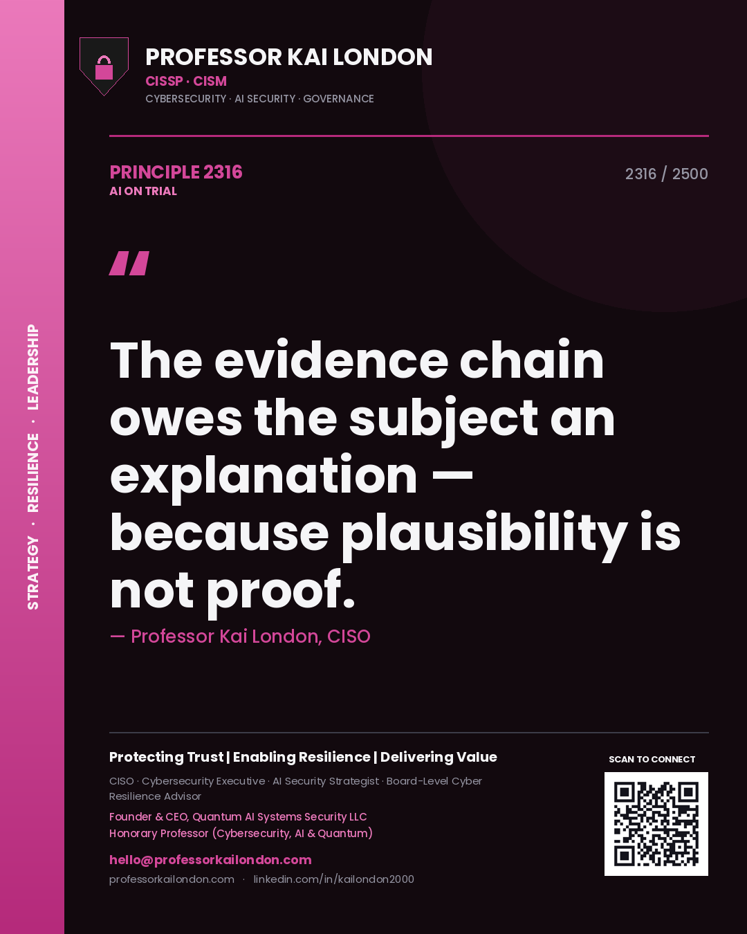 Quote card by Professor Kai London reading 'The evidence chain owes the subject an explanation — because plausibility is not proof.'. From the book AI on Trial.