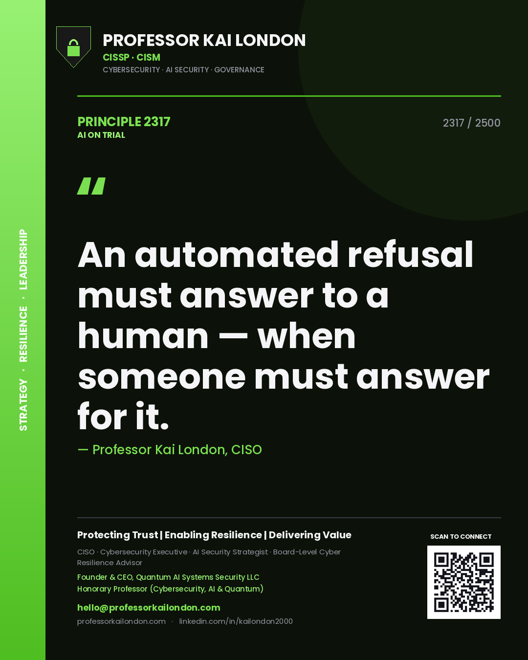 Professor Kai London principle 2317: An automated refusal must answer to a human — when someone must answer for it.