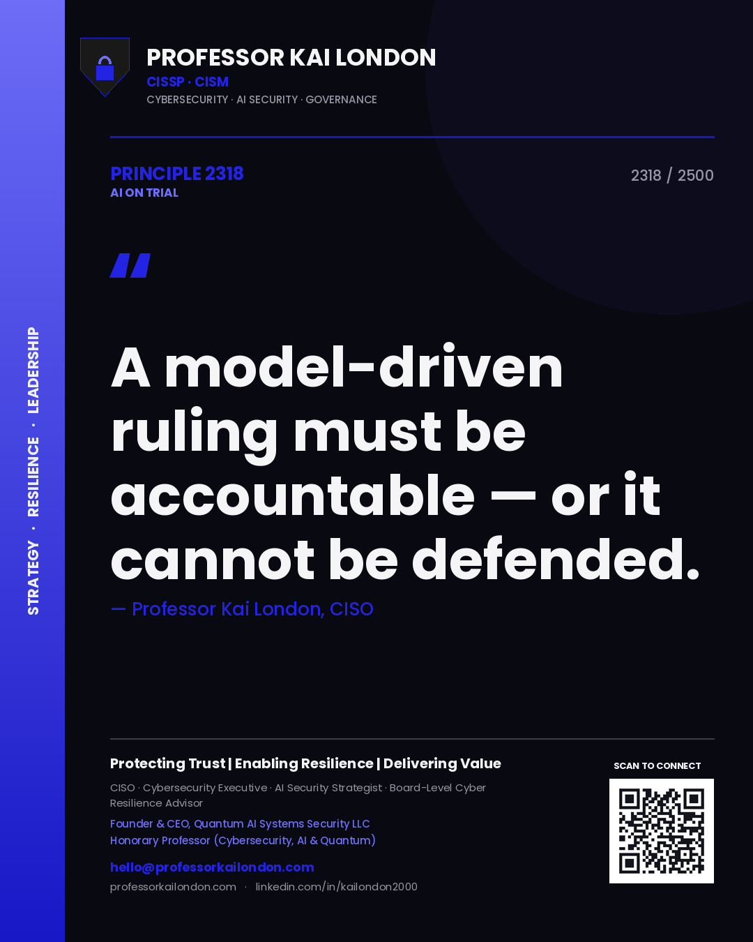 Quote card by Professor Kai London reading 'A model-driven ruling must be accountable — or it cannot be defended.'. From the book AI on Trial.
