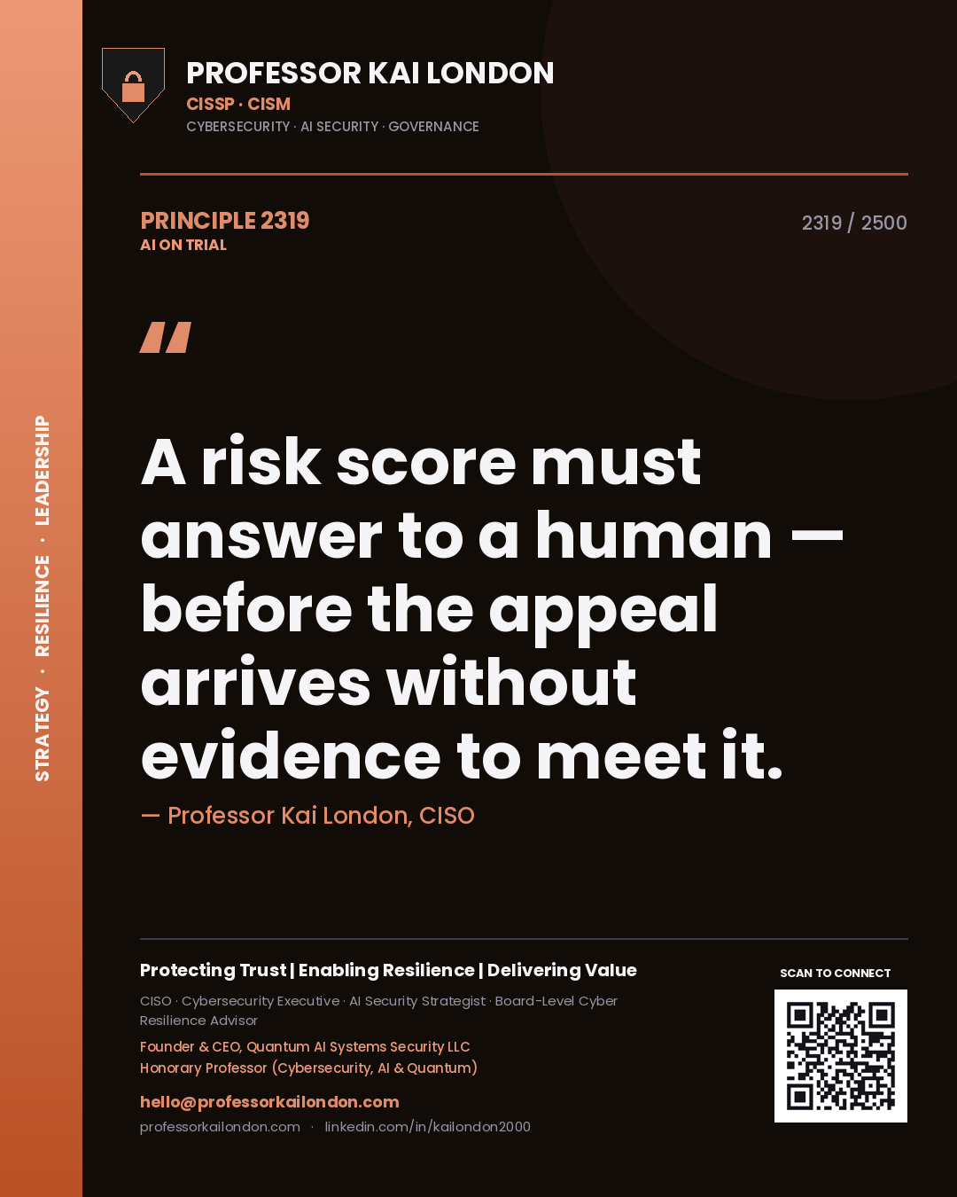 Professor Kai London principle 2319: A risk score must answer to a human — before the appeal arrives without evidence to meet it.