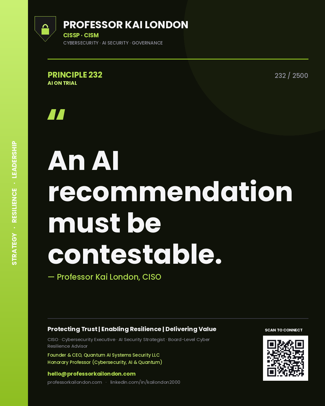 Quote card by Professor Kai London reading 'An AI recommendation must be contestable.'. From the book AI on Trial.