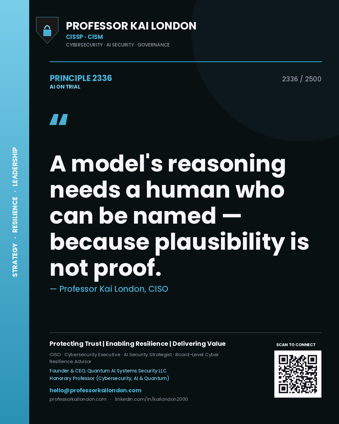 Quote card by Professor Kai London reading 'A model's reasoning needs a human who can be named — because plausibility is not proof.'. From the book AI on Trial.