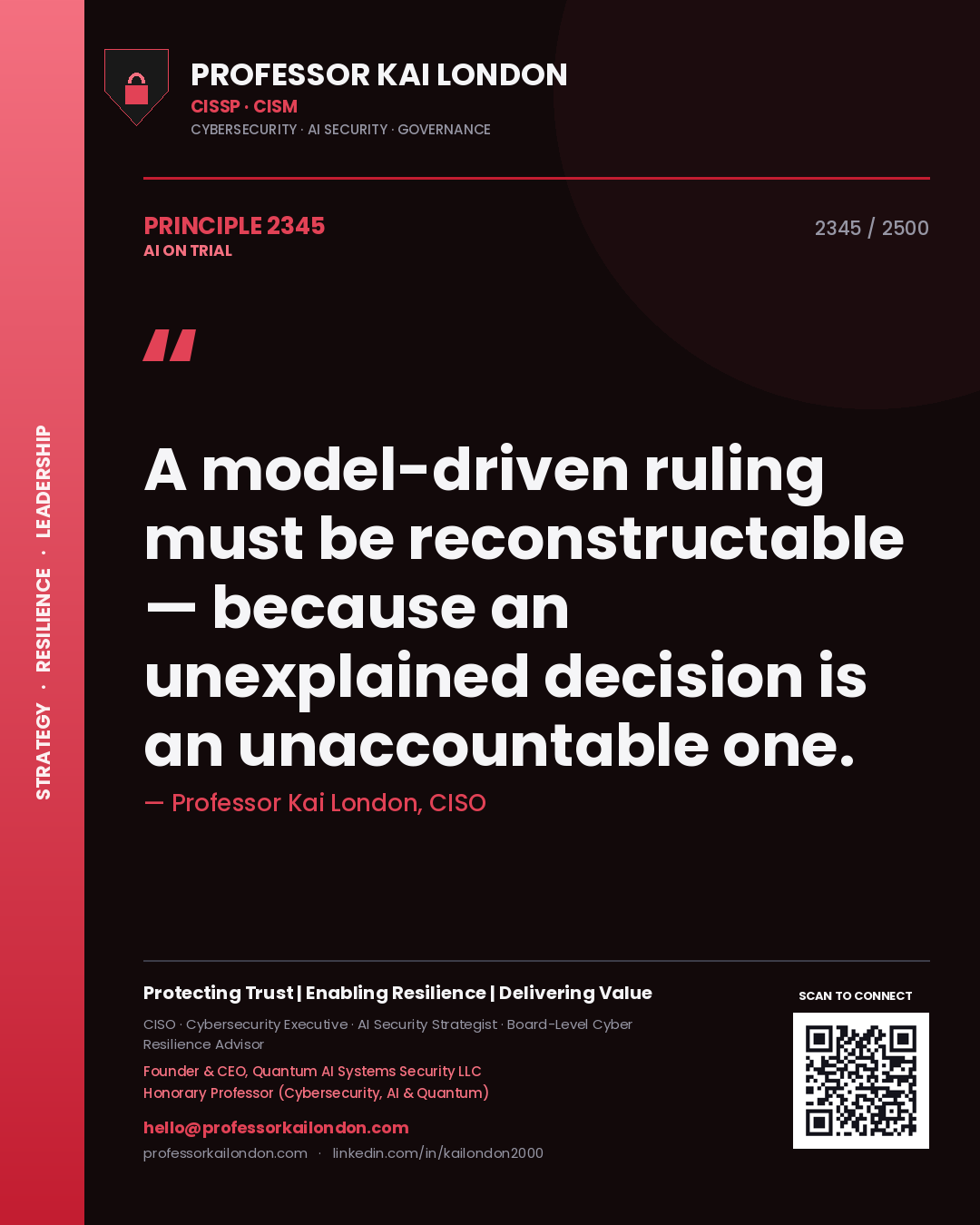 Quote card by Professor Kai London reading 'A model-driven ruling must be reconstructable — because an unexplained decision is an unaccountable one.'. From the book AI on Trial.