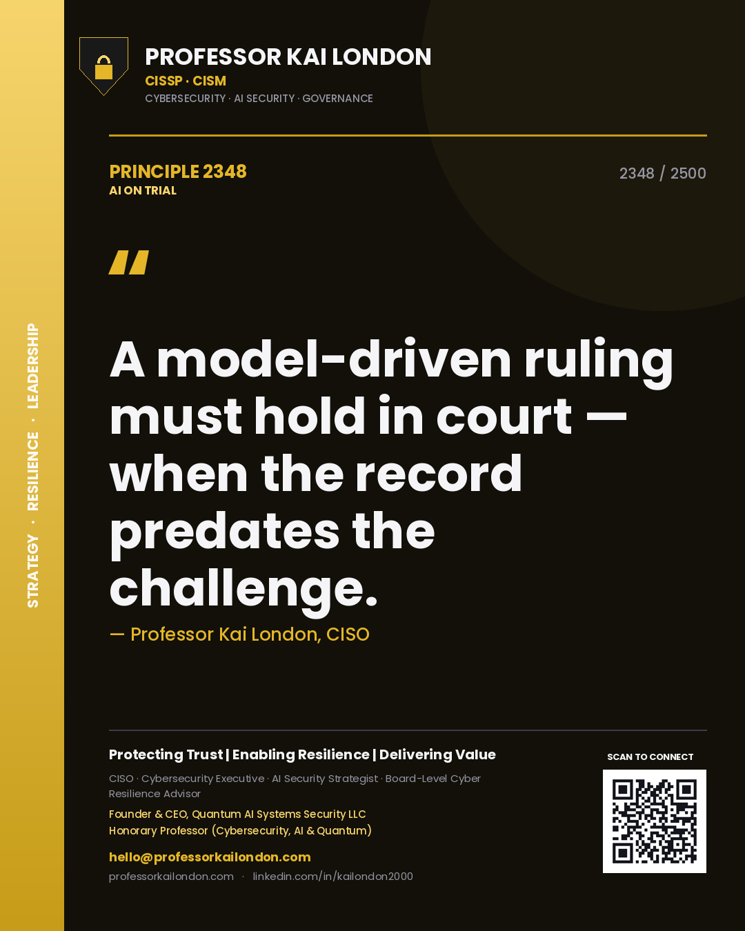 Professor Kai London principle 2348: A model-driven ruling must hold in court — when the record predates the challenge.