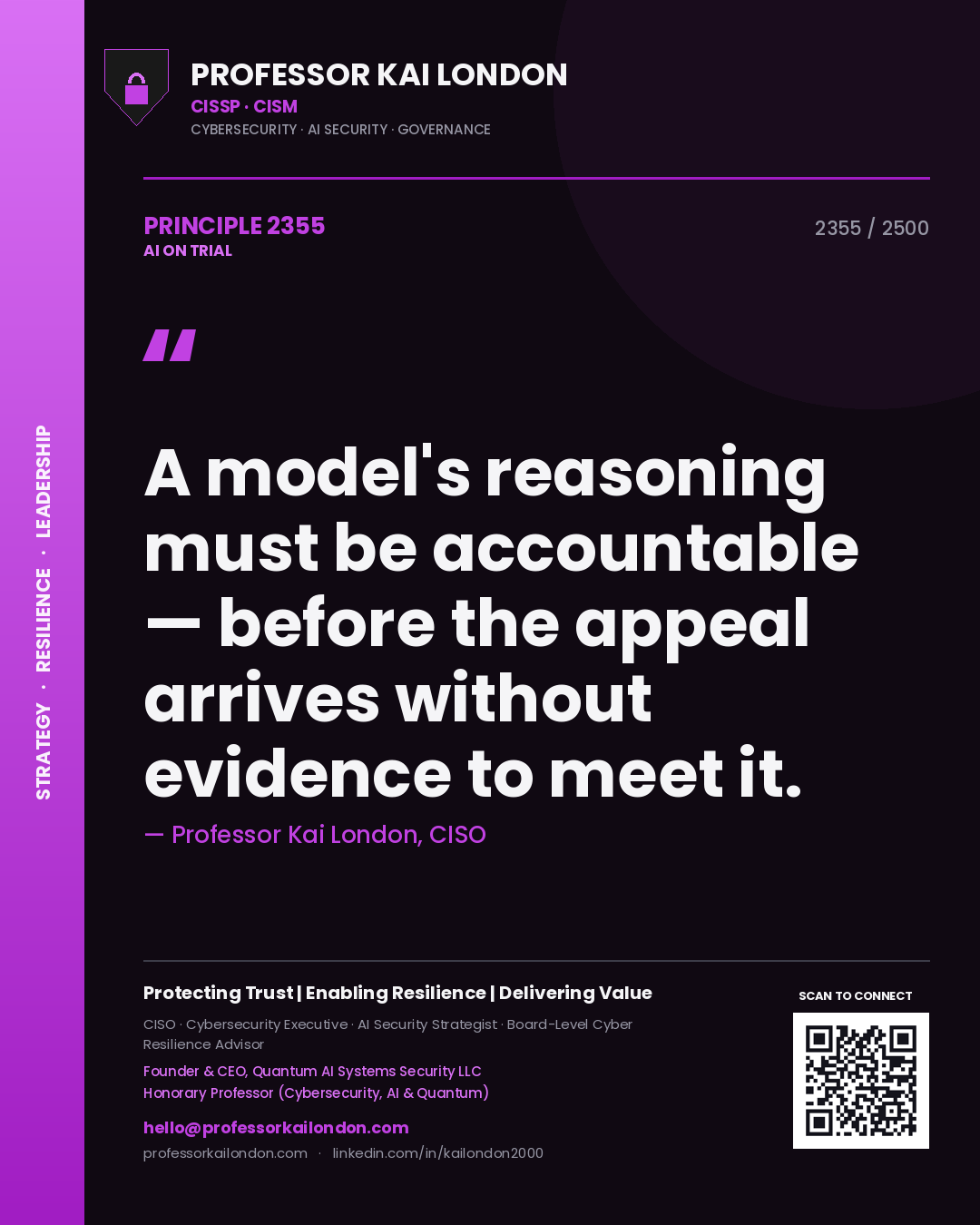 Quote card by Professor Kai London reading 'A model's reasoning must be accountable — before the appeal arrives without evidence to meet it.'. From the book AI on Trial.