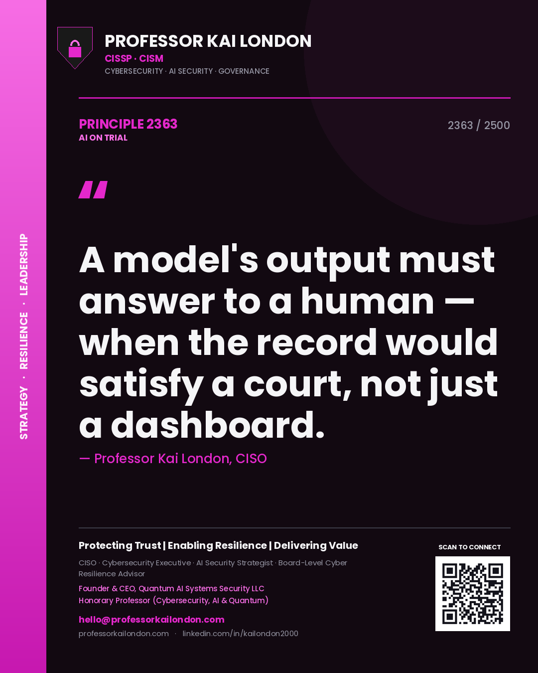 Professor Kai London principle 2363: A model's output must answer to a human — when the record would satisfy a court, not just a dashboard.