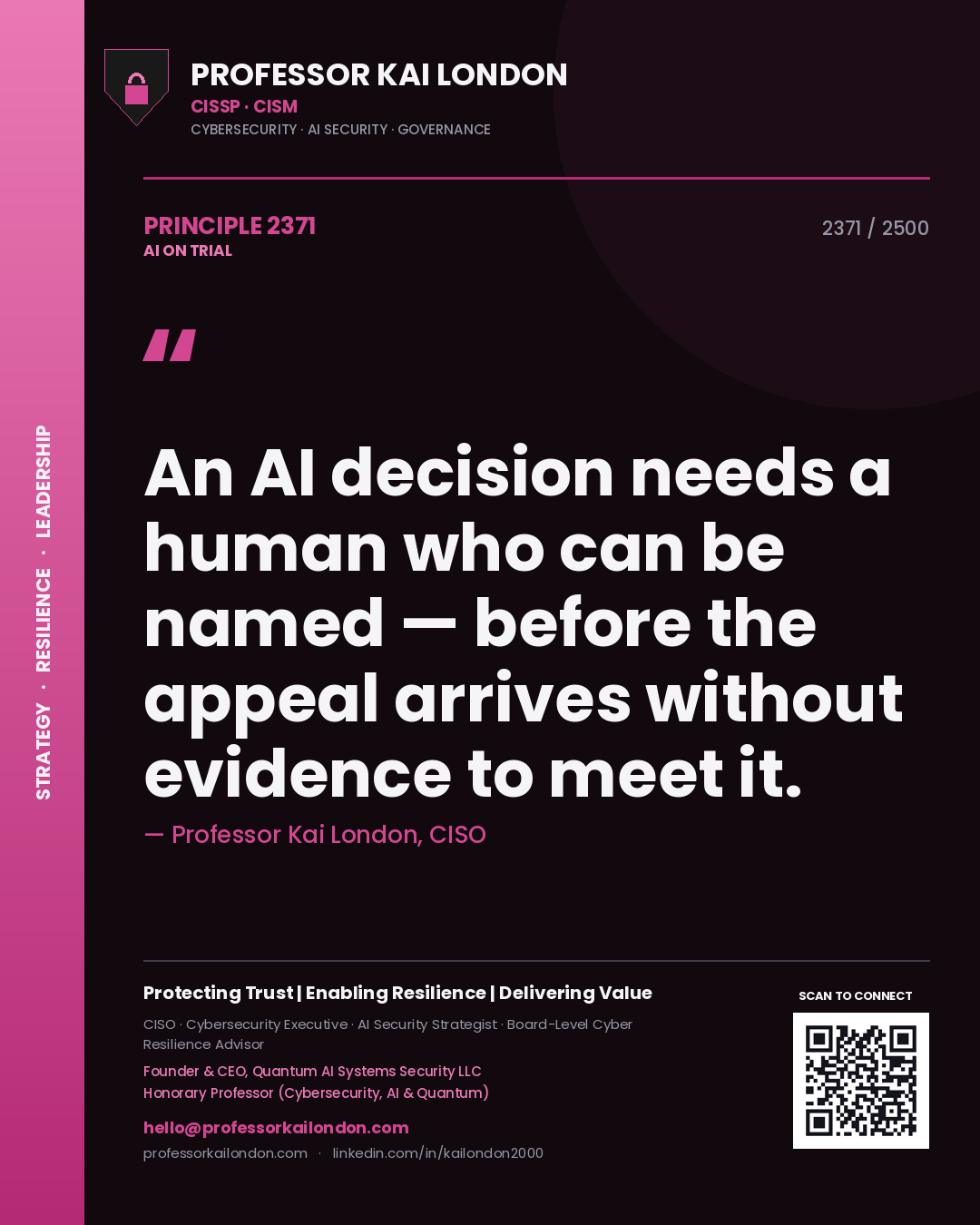 Professor Kai London principle 2371: An AI decision needs a human who can be named — before the appeal arrives without evidence to meet it.