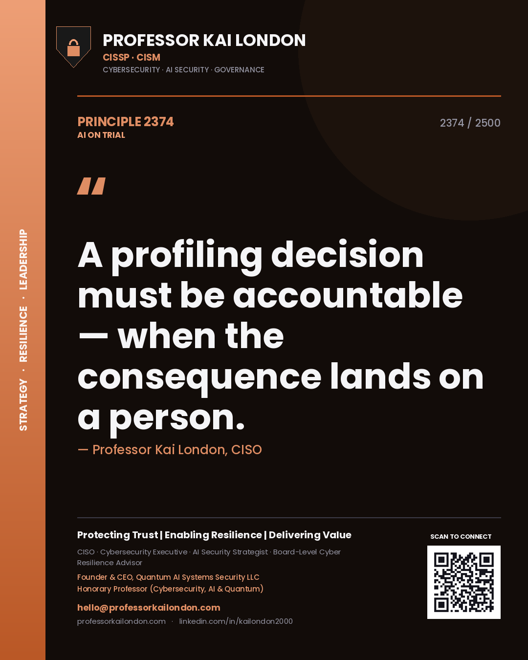 Quote card by Professor Kai London reading 'A profiling decision must be accountable — when the consequence lands on a person.'. From the book AI on Trial.