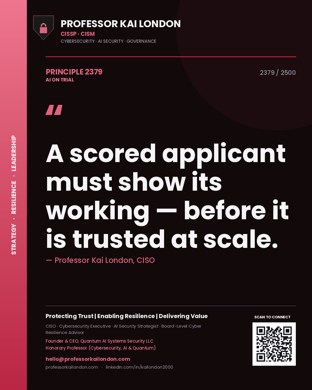 Professor Kai London principle 2379: A scored applicant must show its working — before it is trusted at scale.