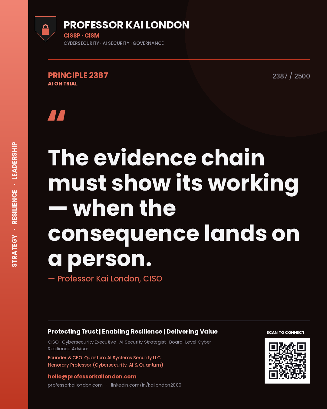 Professor Kai London principle 2387: The evidence chain must show its working — when the consequence lands on a person.