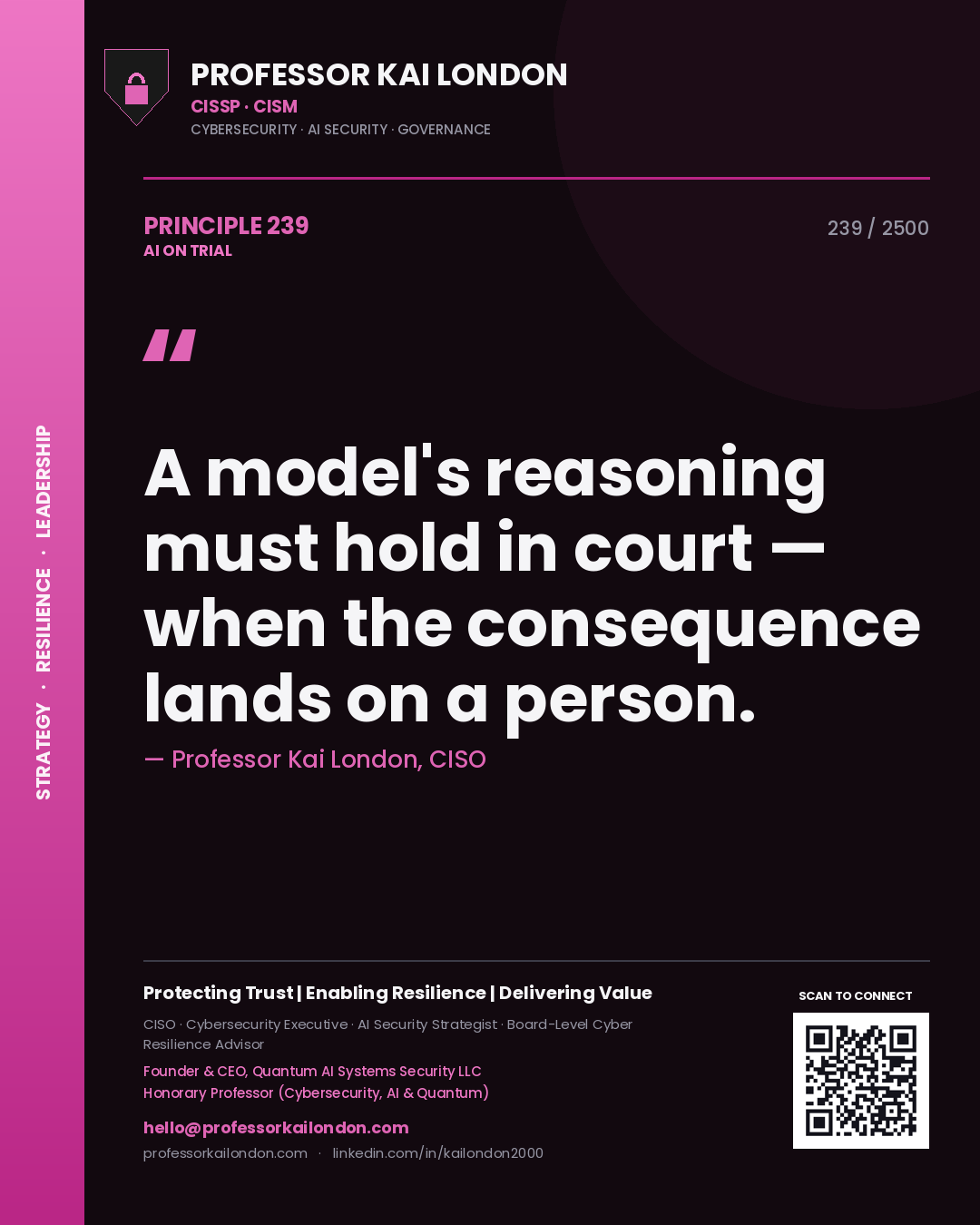 Quote card by Professor Kai London reading 'A model's reasoning must hold in court — when the consequence lands on a person.'. From the book AI on Trial.