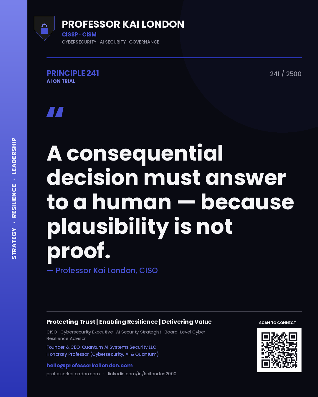 Quote card by Professor Kai London reading 'A consequential decision must answer to a human — because plausibility is not proof.'. From the book AI on Trial.