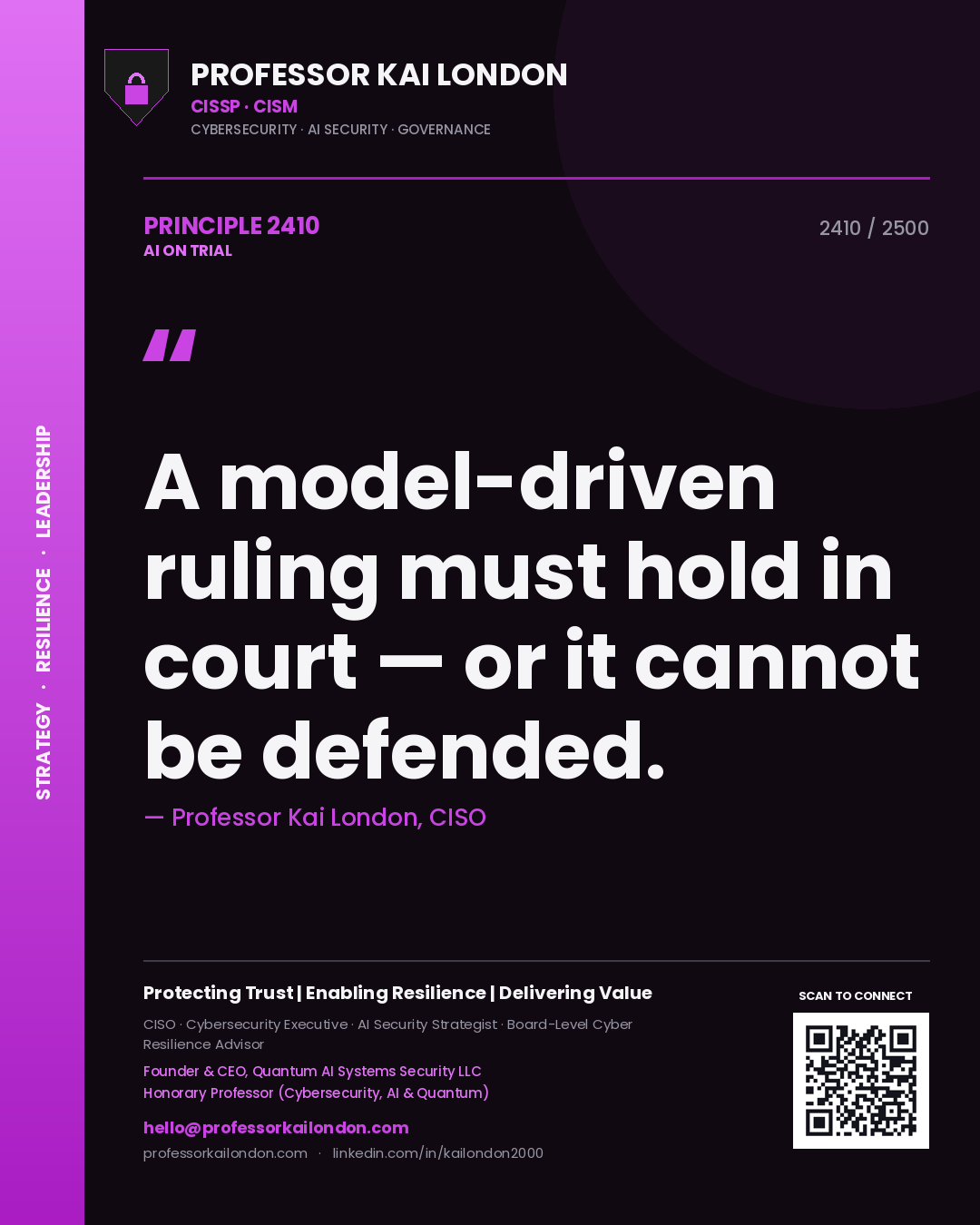Quote card by Professor Kai London reading 'A model-driven ruling must hold in court — or it cannot be defended.'. From the book AI on Trial.
