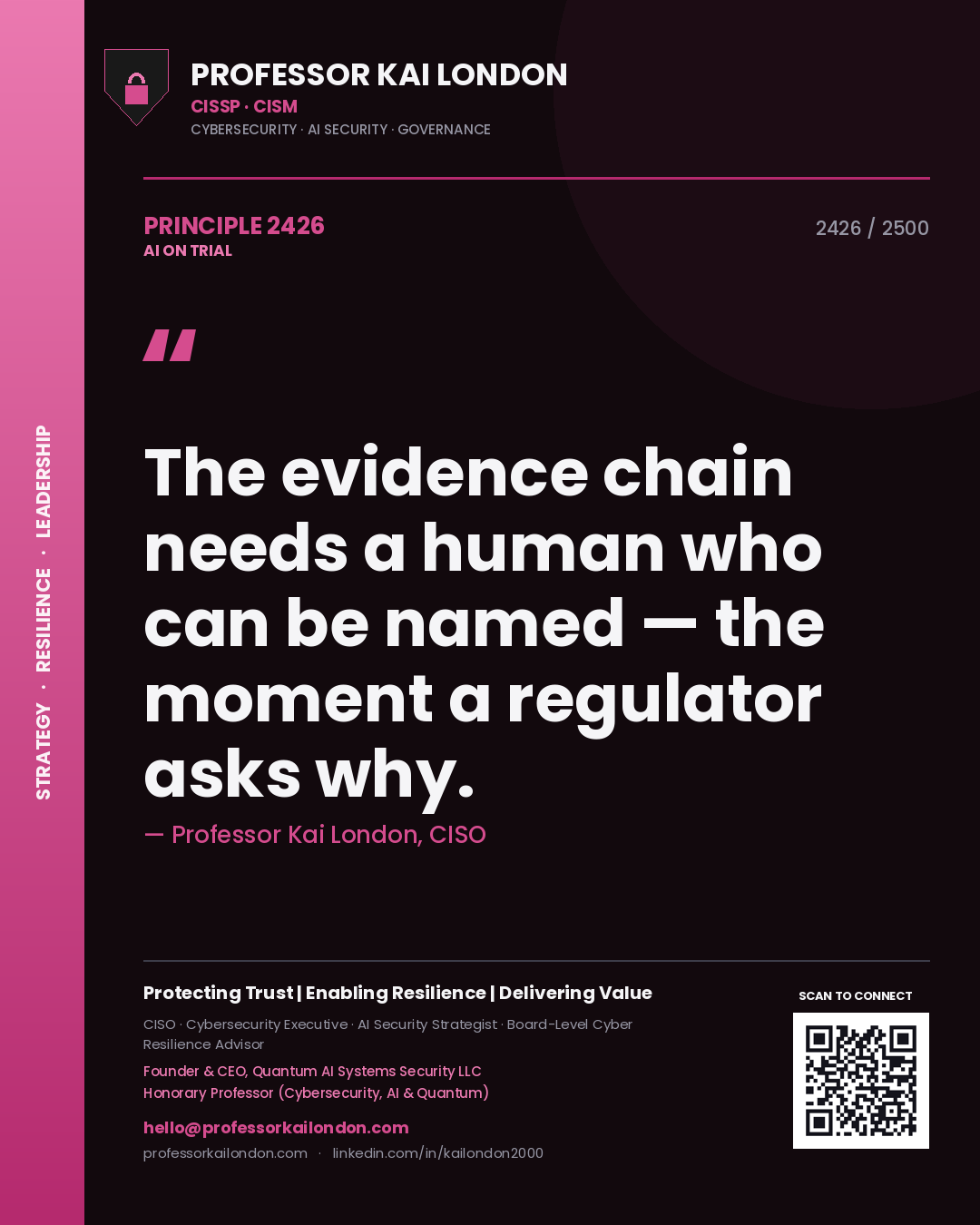 Quote card by Professor Kai London reading 'The evidence chain needs a human who can be named — the moment a regulator asks why.'. From the book AI on Trial.
