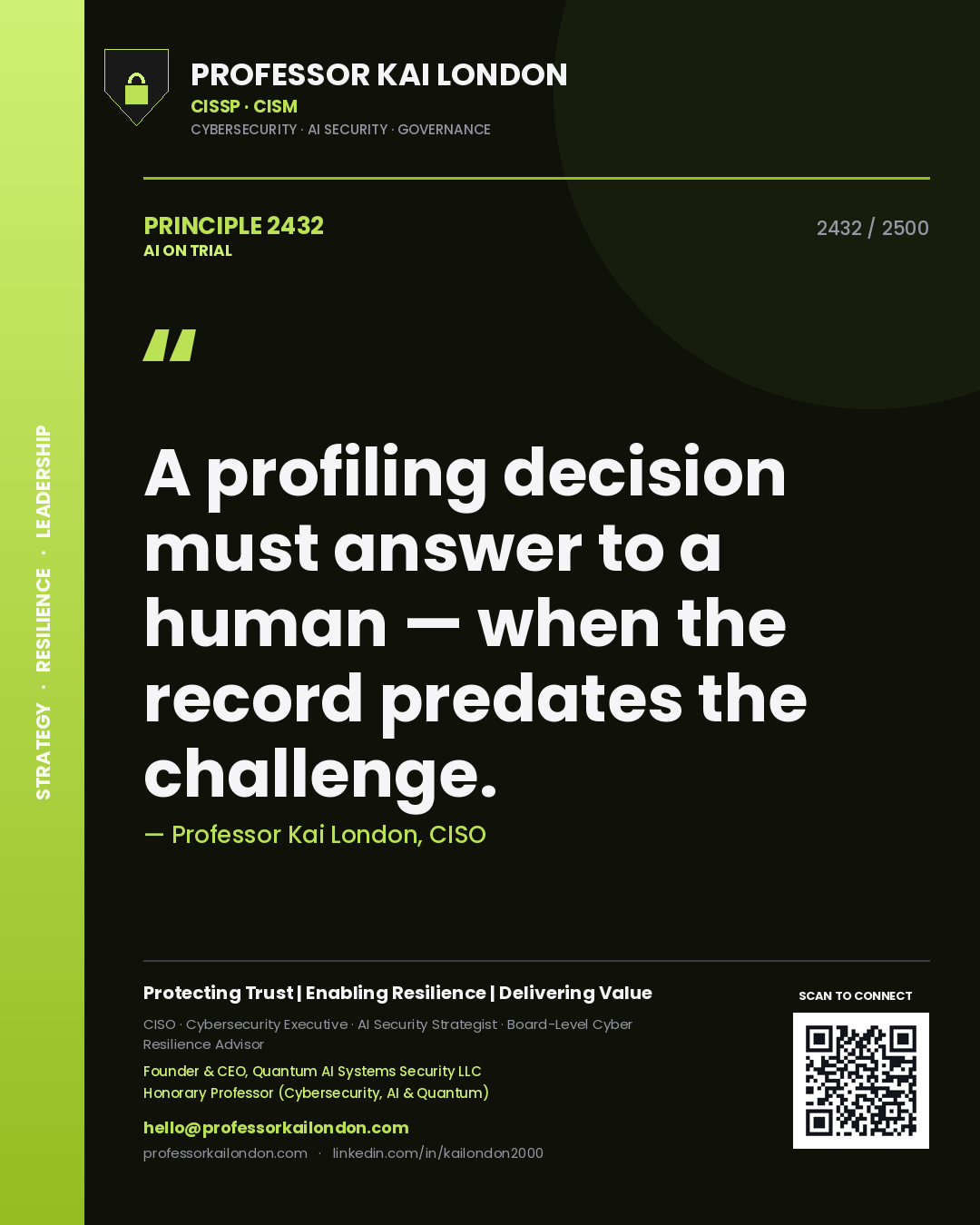 Quote card by Professor Kai London reading 'A profiling decision must answer to a human — when the record predates the challenge.'. From the book AI on Trial.
