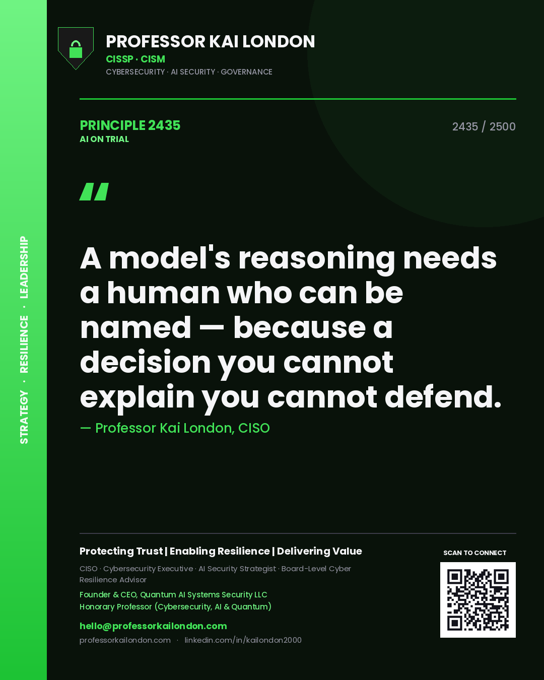 Professor Kai London principle 2435: A model's reasoning needs a human who can be named — because a decision you cannot explain you cannot defend.
