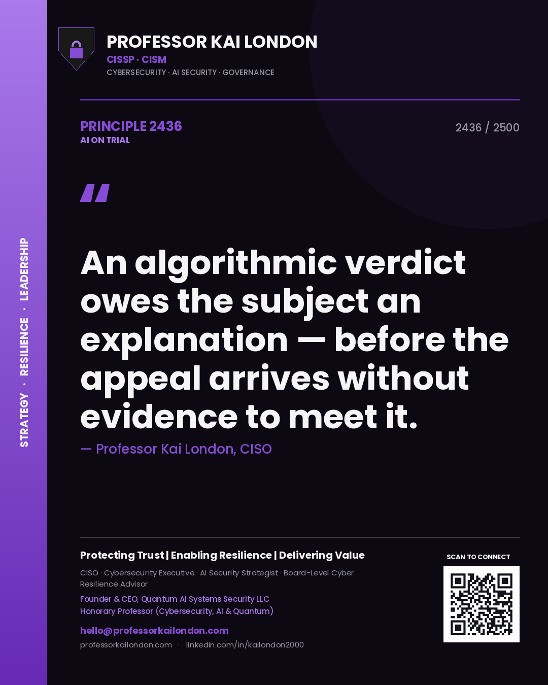 Professor Kai London principle 2436: An algorithmic verdict owes the subject an explanation — before the appeal arrives without evidence to meet it.