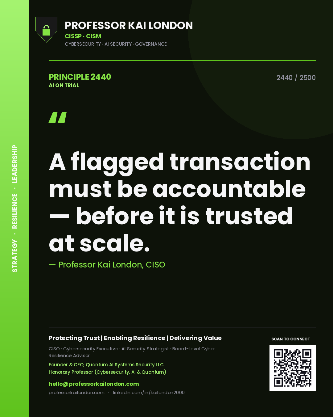 Professor Kai London principle 2440: A flagged transaction must be accountable — before it is trusted at scale.