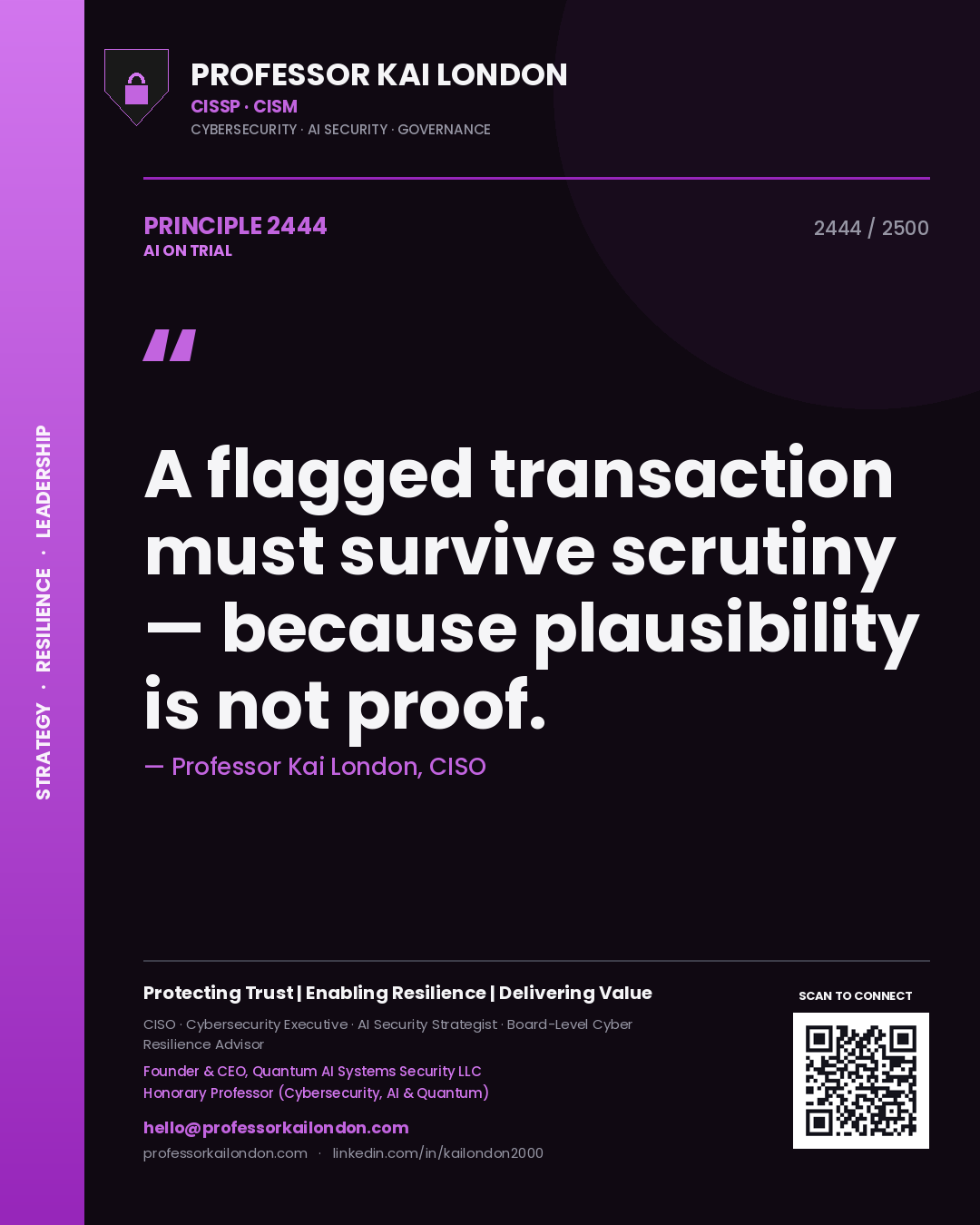 Quote card by Professor Kai London reading 'A flagged transaction must survive scrutiny — because plausibility is not proof.'. From the book AI on Trial.