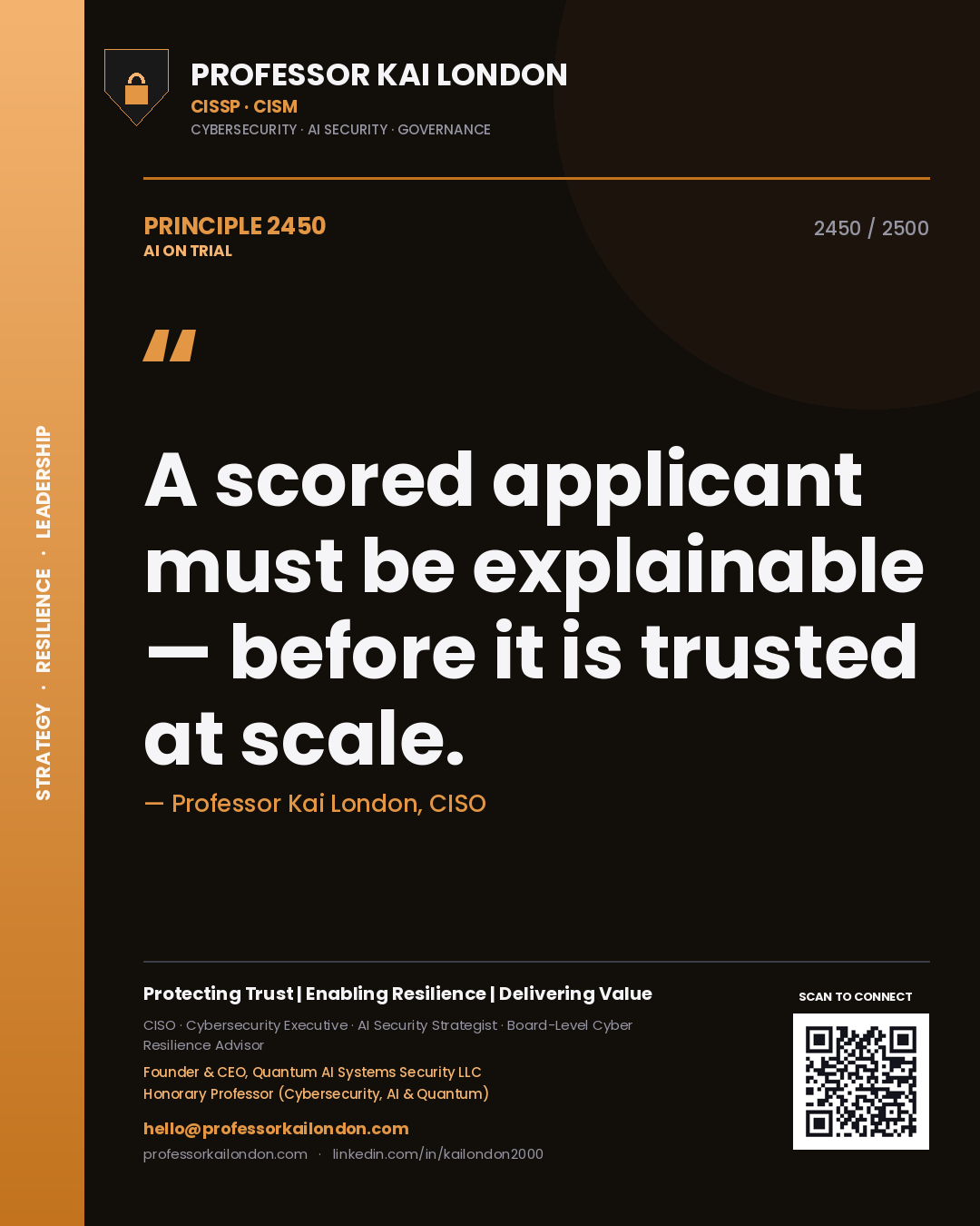 Professor Kai London principle 2450: A scored applicant must be explainable — before it is trusted at scale.