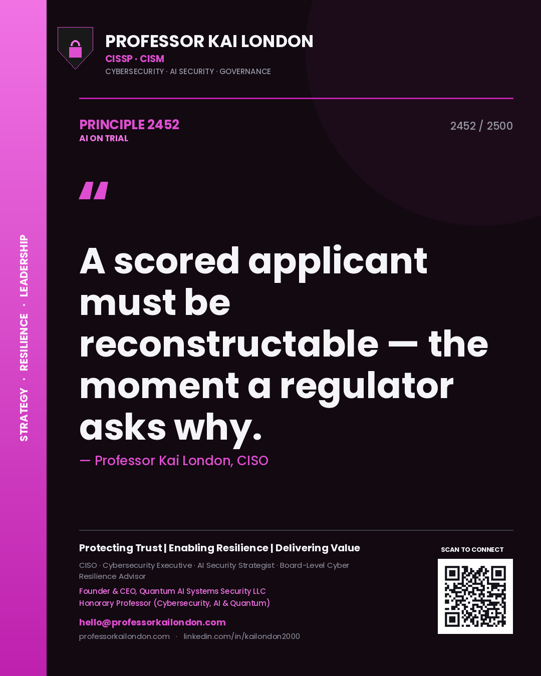 Professor Kai London principle 2452: A scored applicant must be reconstructable — the moment a regulator asks why.
