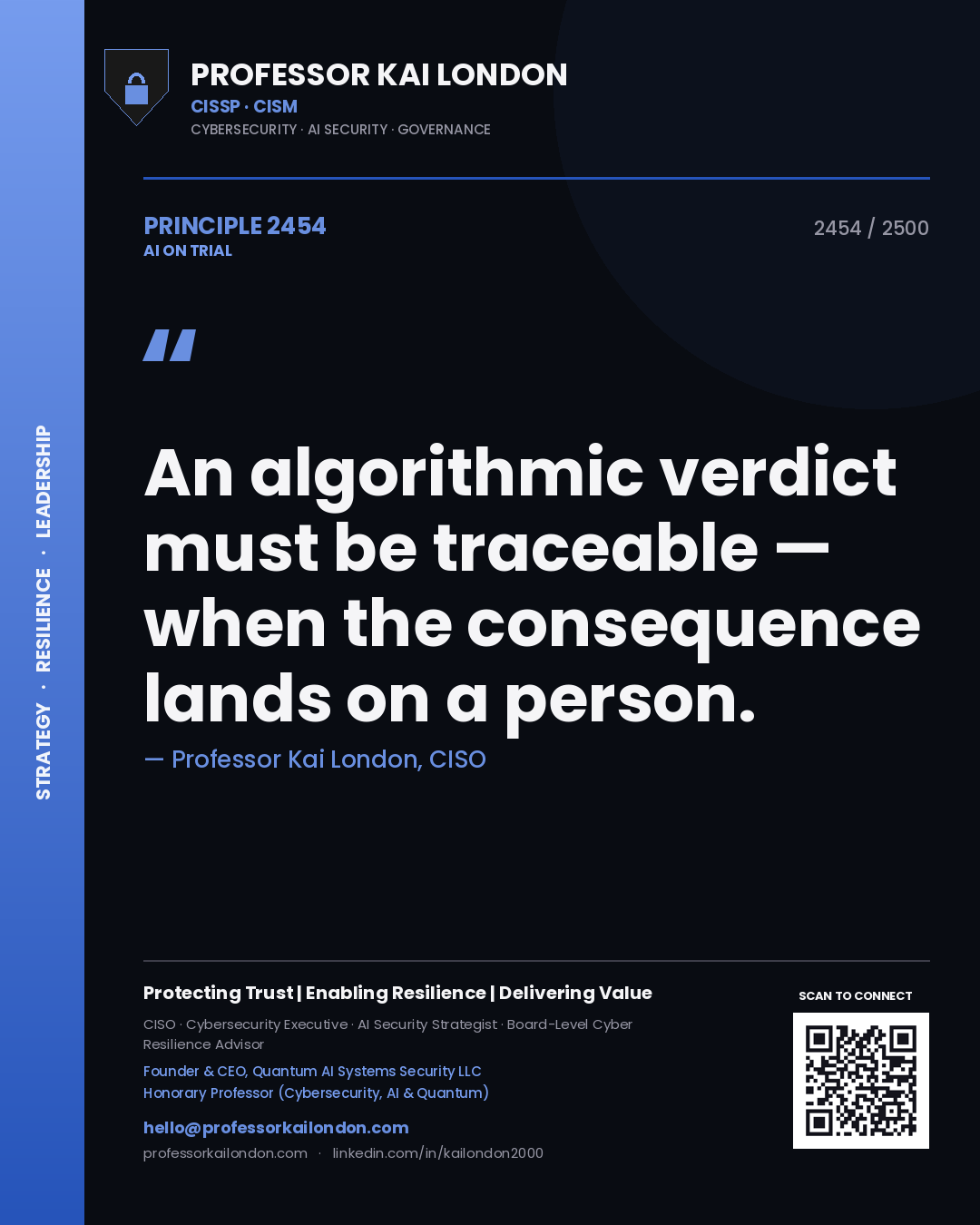Professor Kai London principle 2454: An algorithmic verdict must be traceable — when the consequence lands on a person.