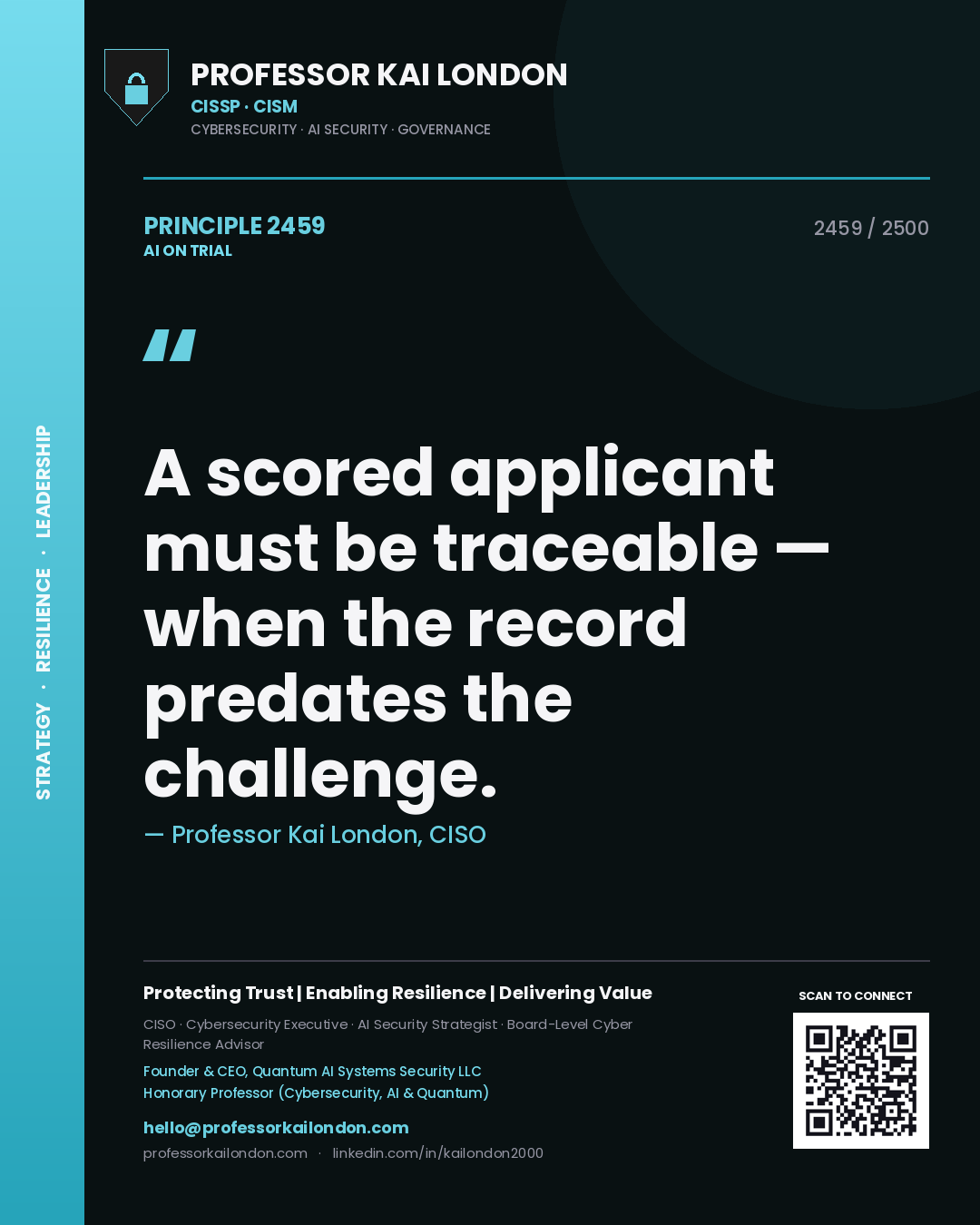 Professor Kai London principle 2459: A scored applicant must be traceable — when the record predates the challenge.