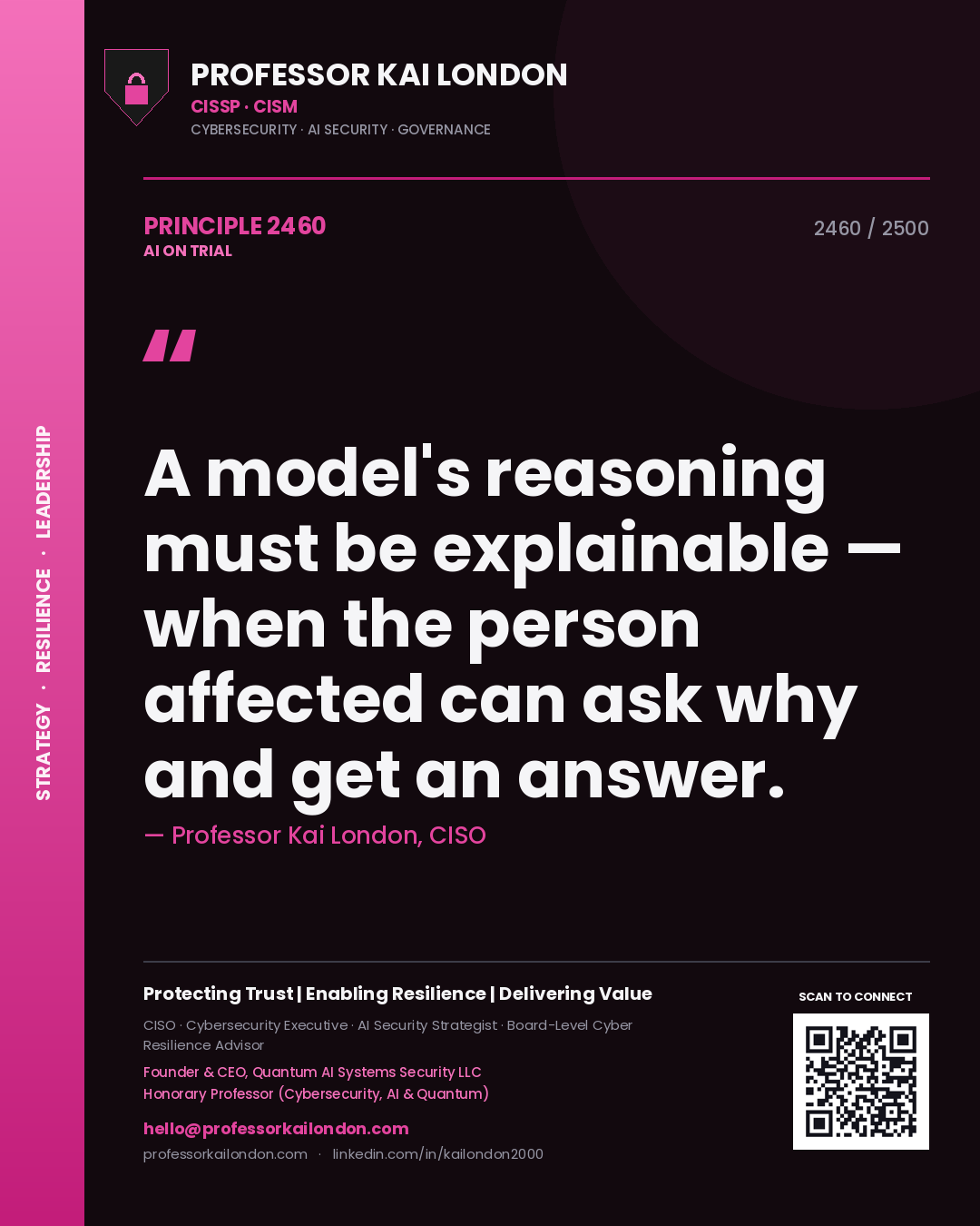 Quote card by Professor Kai London reading 'A model's reasoning must be explainable — when the person affected can ask why and get an answer.'. From the book AI on Trial.